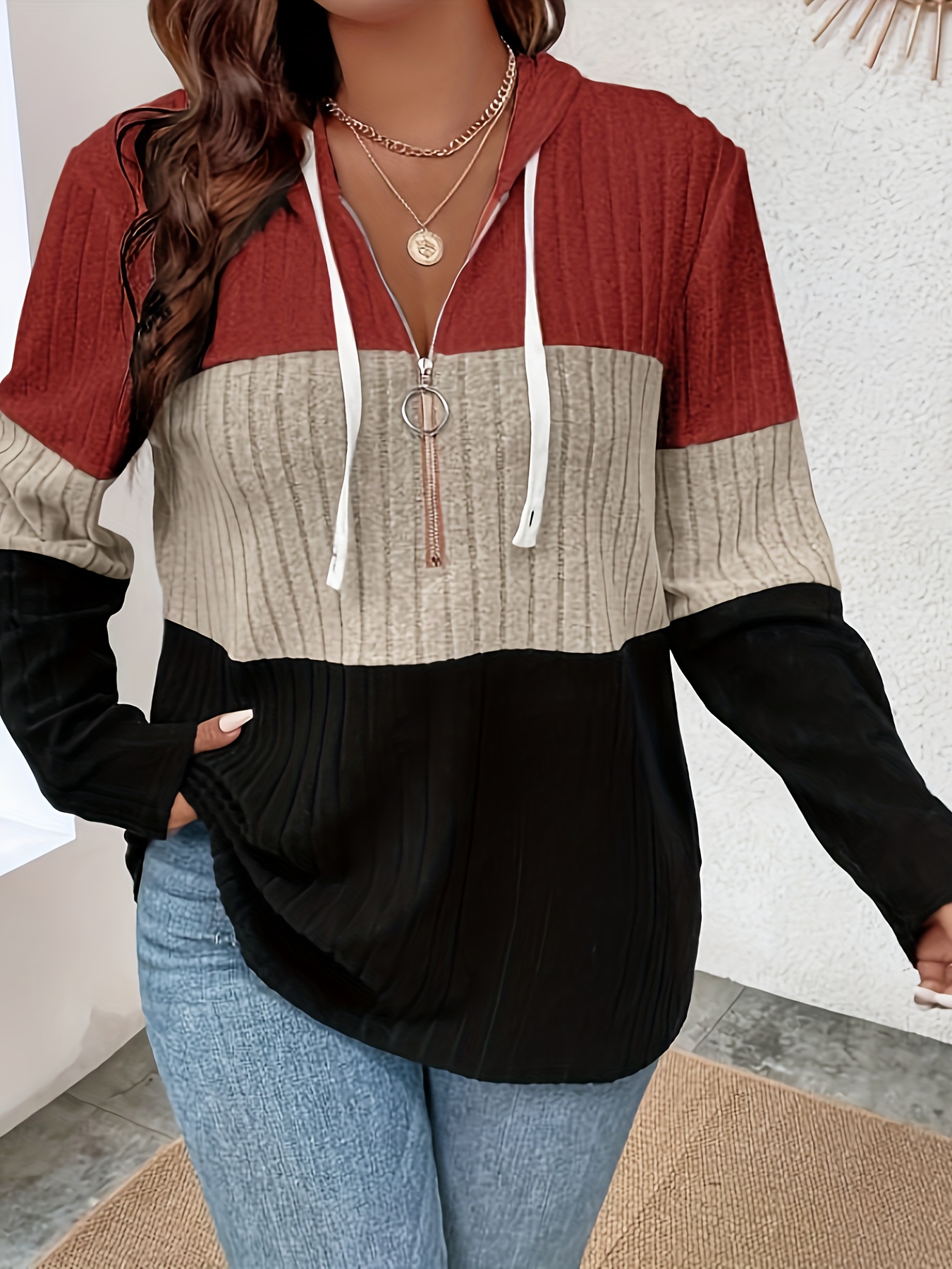 color block zipper hoodie casual long sleeve drawstring hoodies sweatshirt womens clothing details 0