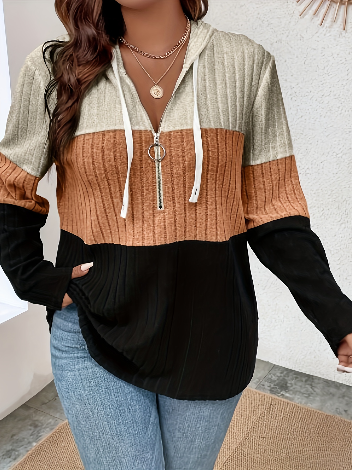 color block zipper hoodie casual long sleeve drawstring hoodies sweatshirt womens clothing details 5