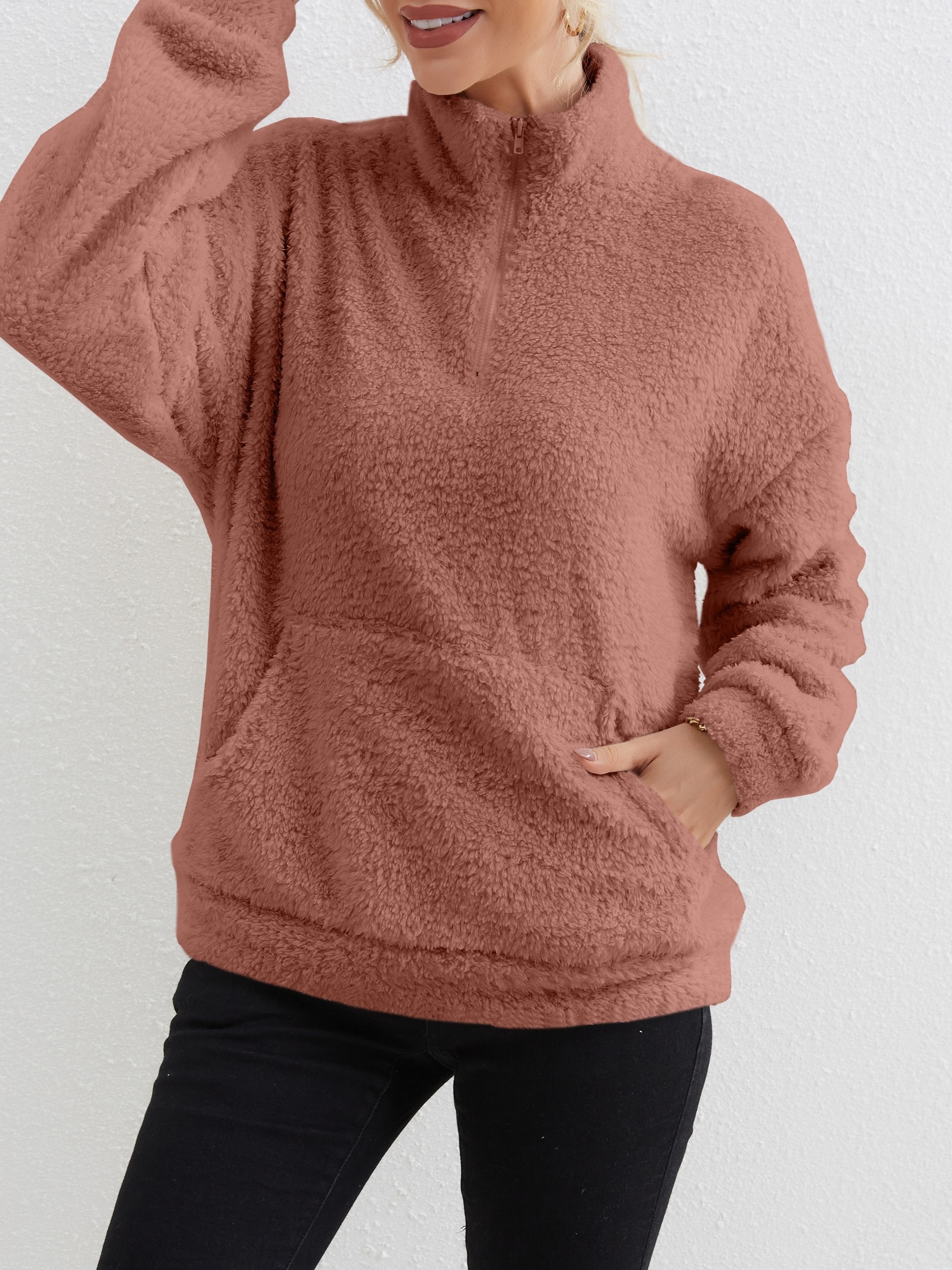 zip front plush pullover sweatshirt casual pocket long sleeve sweatshirt womens clothing details 1