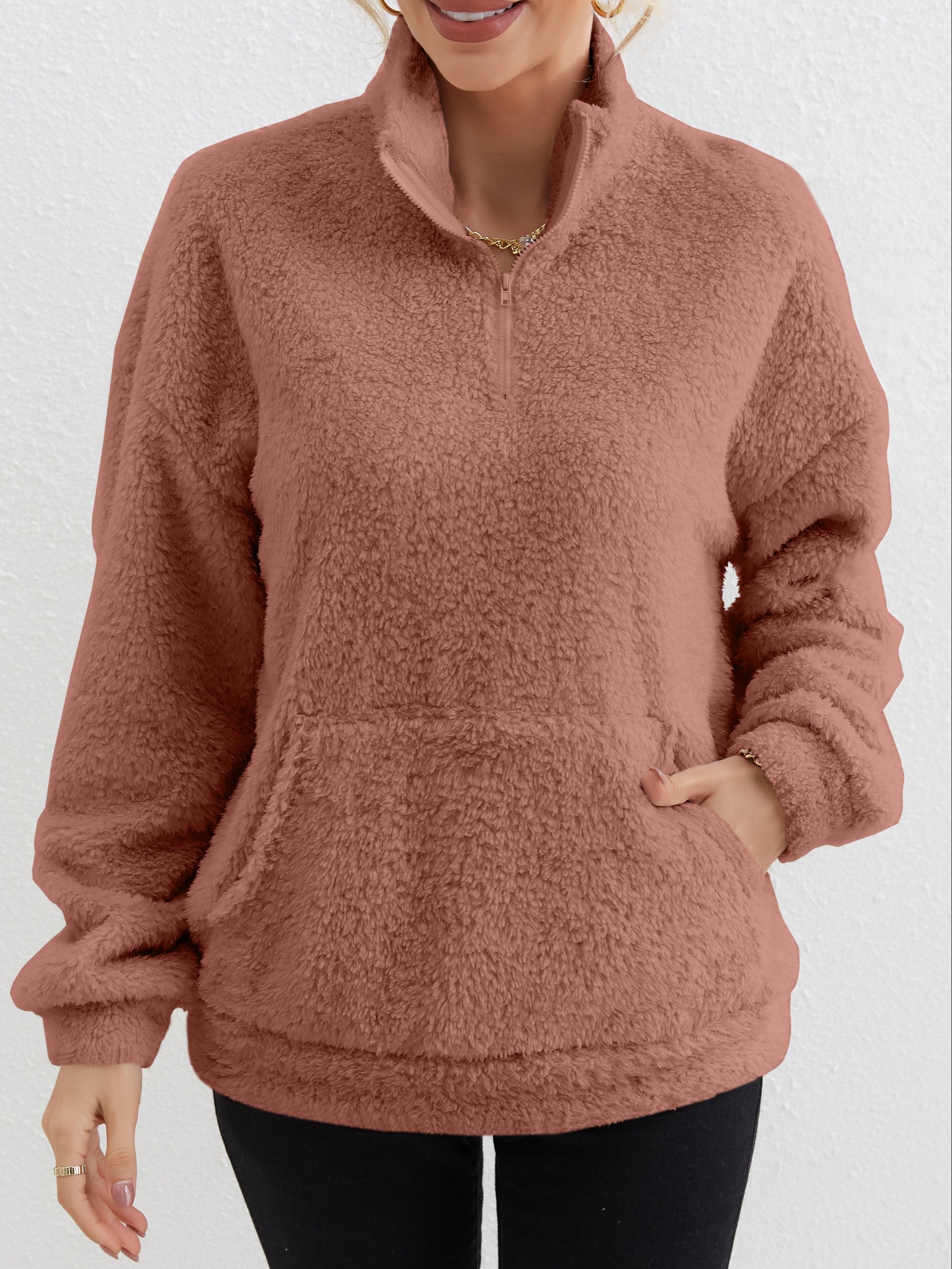 zip front plush pullover sweatshirt casual pocket long sleeve sweatshirt womens clothing details 4