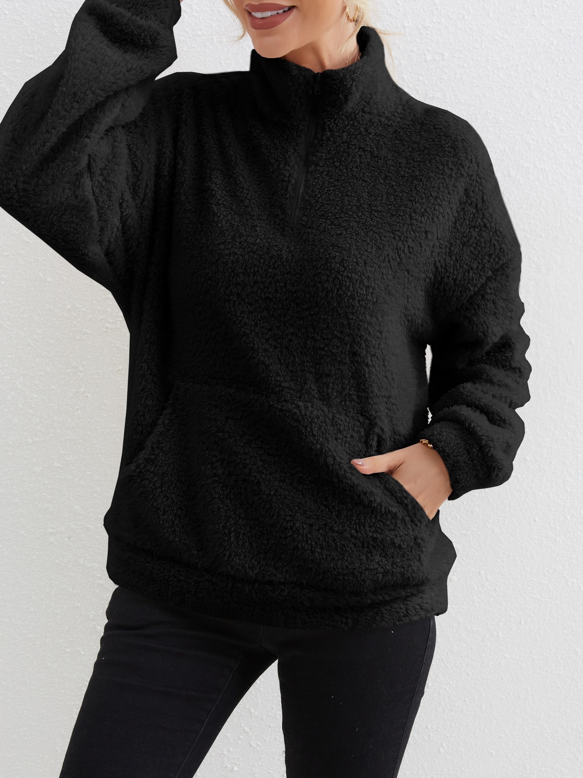 zip front plush pullover sweatshirt casual pocket long sleeve sweatshirt womens clothing details 7