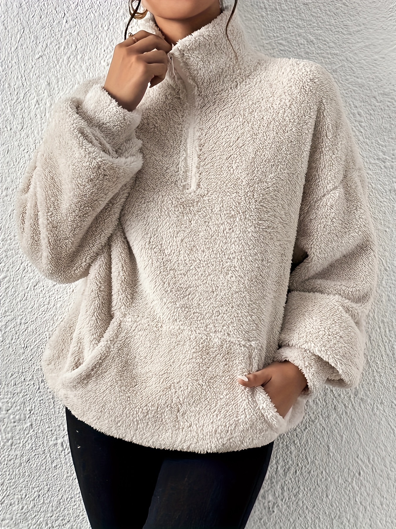 zip front plush pullover sweatshirt casual pocket long sleeve sweatshirt womens clothing details 16