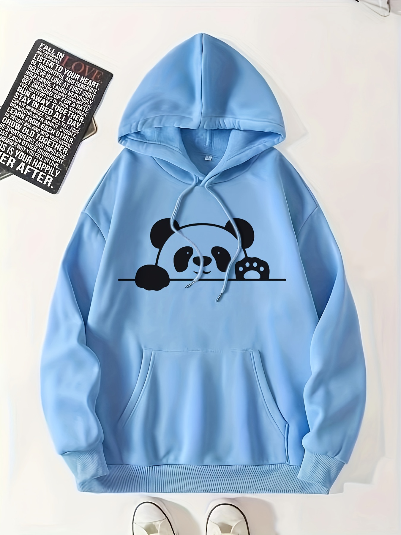 panda print kangaroo pocket hoodie casual long sleeve drawstring hoodie sweatshirt womens clothing details 0