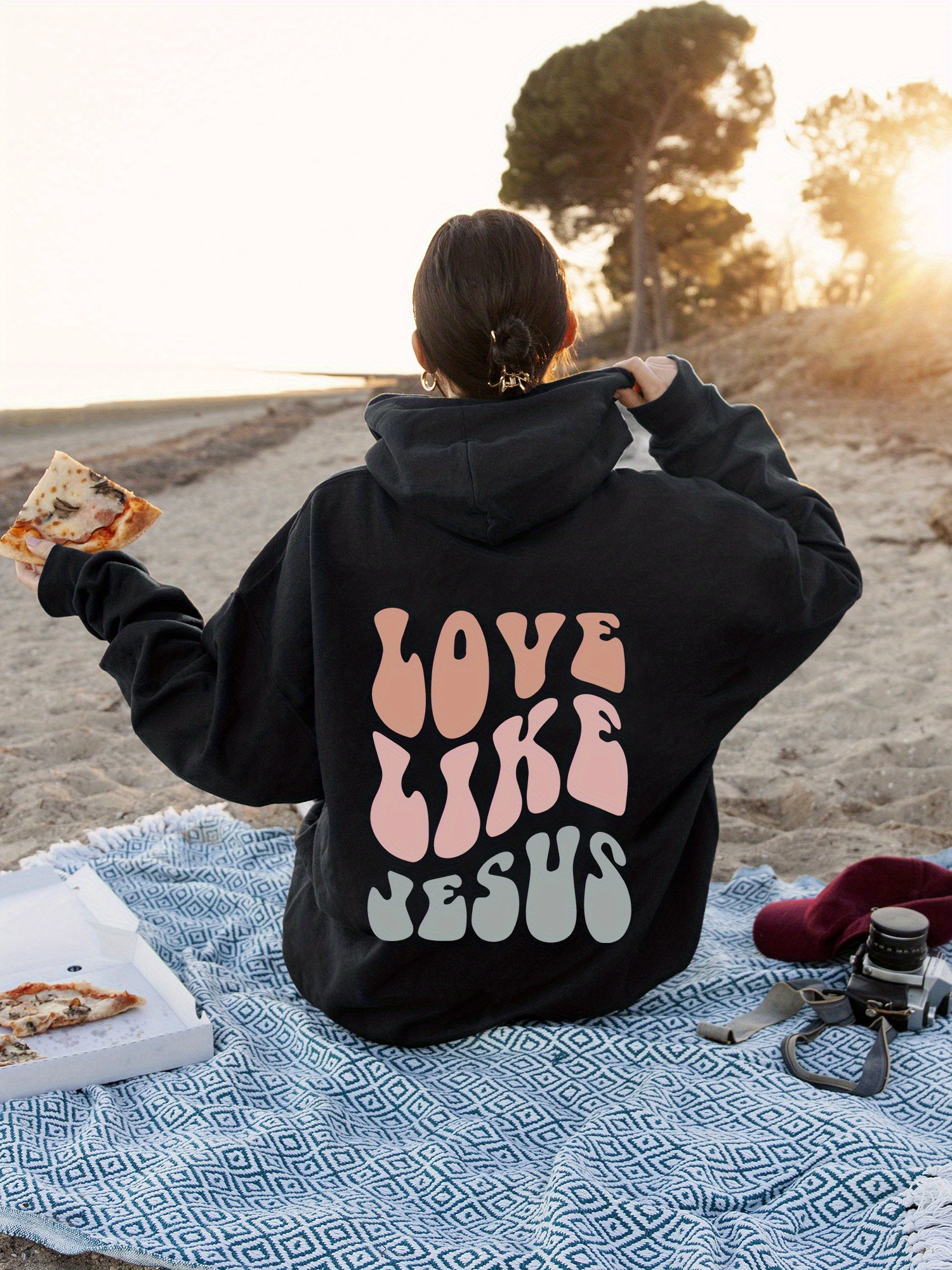 love like jesus print kangaroo pocket hoodie casual long sleeve drawstring hoodies sweatshirt womens clothing details 0