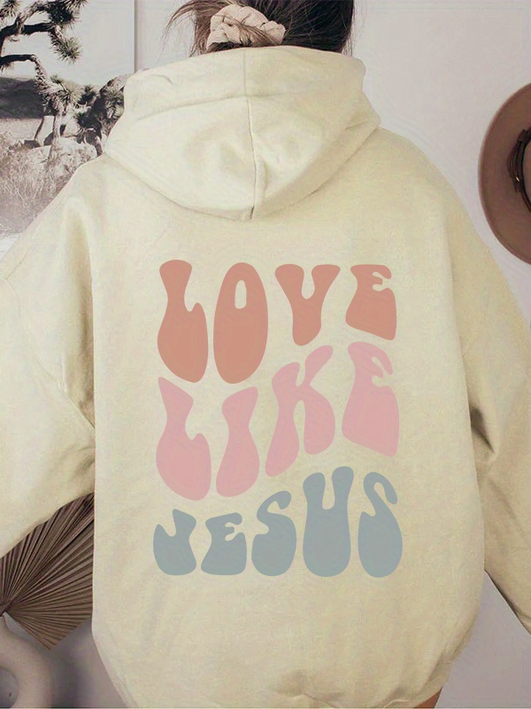 love like jesus print kangaroo pocket hoodie casual long sleeve drawstring hoodies sweatshirt womens clothing details 5