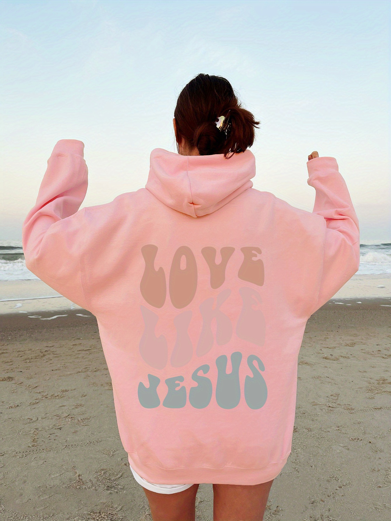 love like jesus print kangaroo pocket hoodie casual long sleeve drawstring hoodies sweatshirt womens clothing details 10