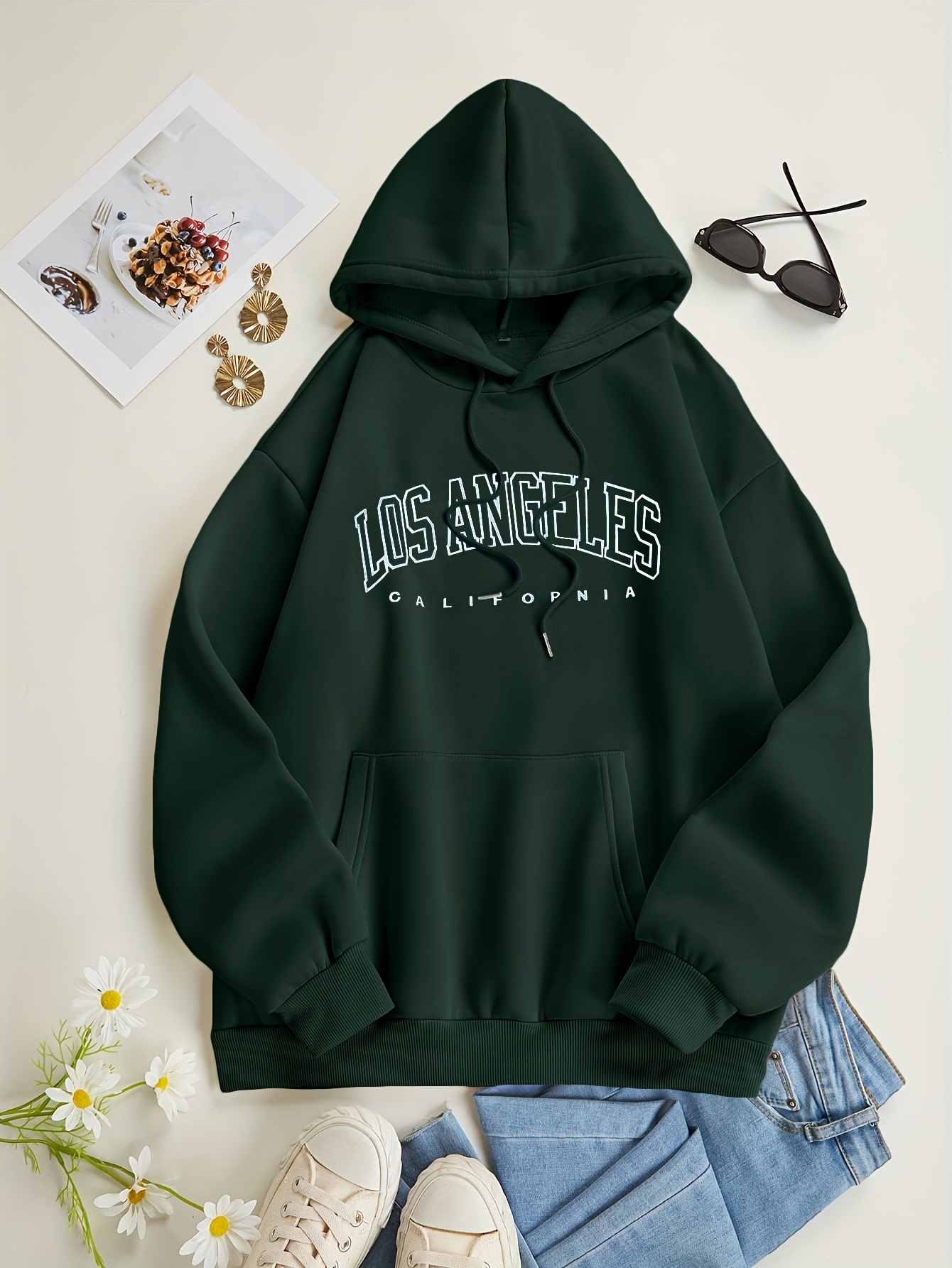 los angeles letter print drawstring hoodie casual long sleeve pocket sweatshirt womens clothing details 0