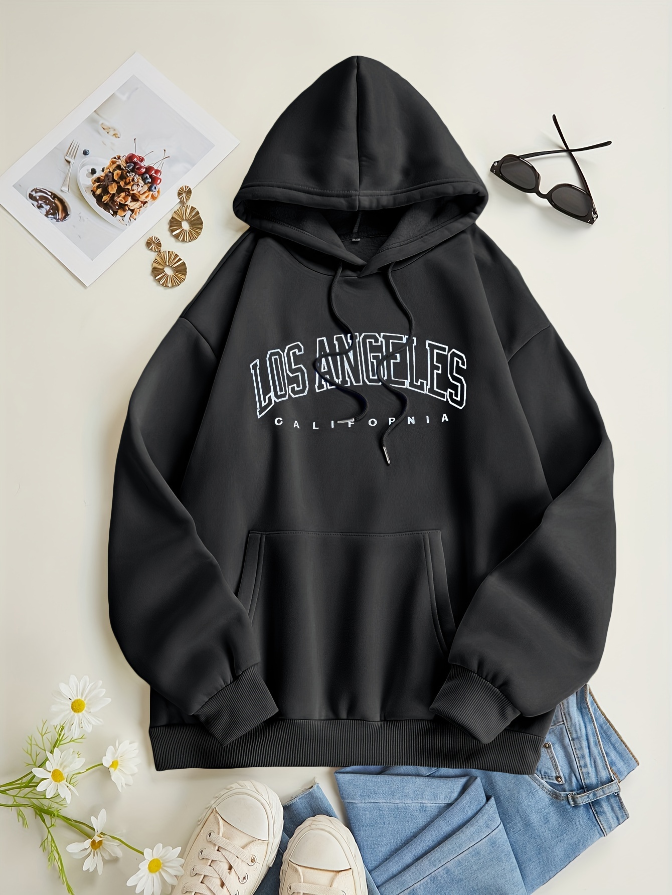 los angeles letter print drawstring hoodie casual long sleeve pocket sweatshirt womens clothing details 16