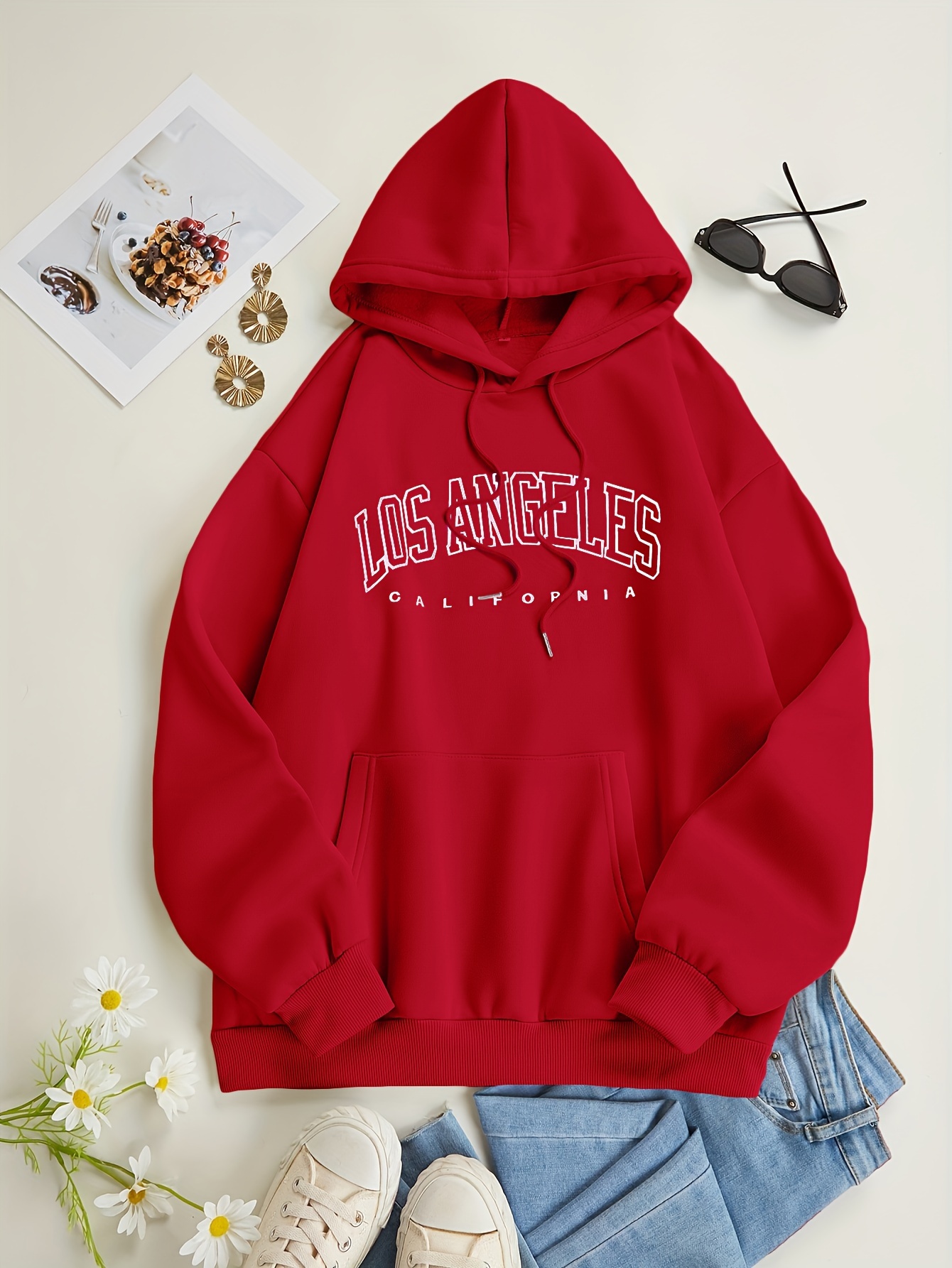 los angeles letter print drawstring hoodie casual long sleeve pocket sweatshirt womens clothing details 20