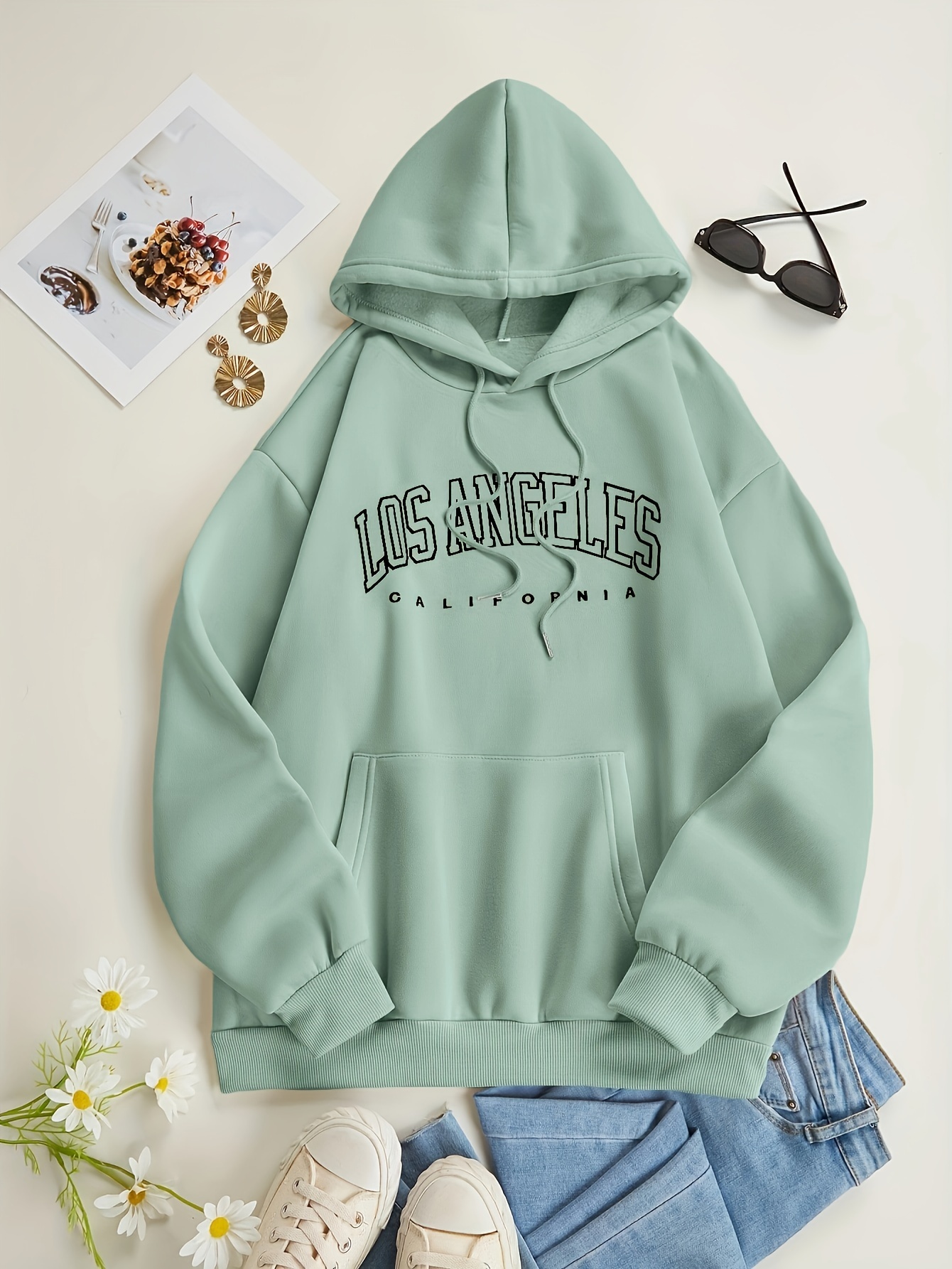 los angeles letter print drawstring hoodie casual long sleeve pocket sweatshirt womens clothing details 27