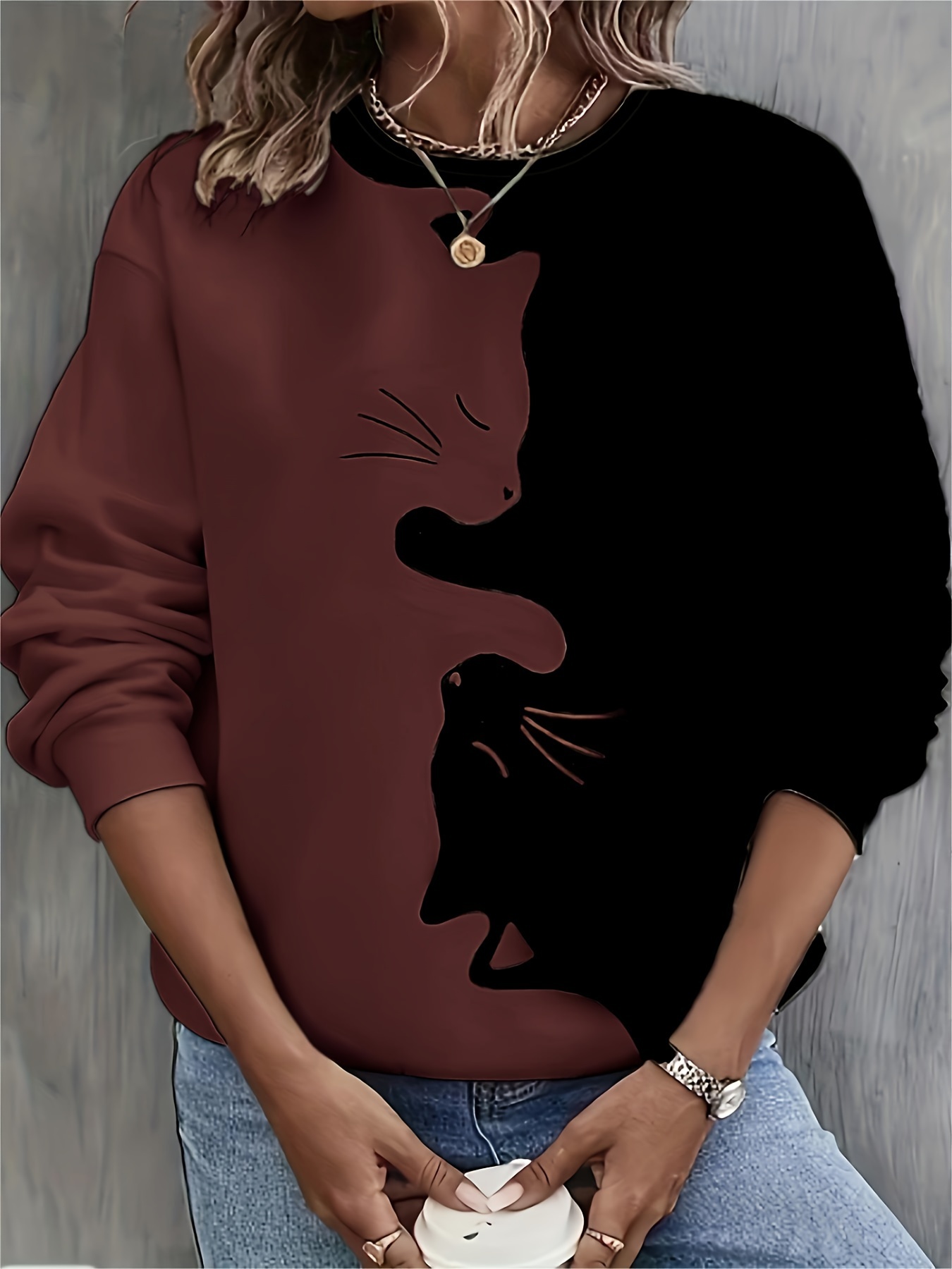 cute cat print crew neck sweatshirt casual long sleeve loose sweatshirt womens clothing details 0