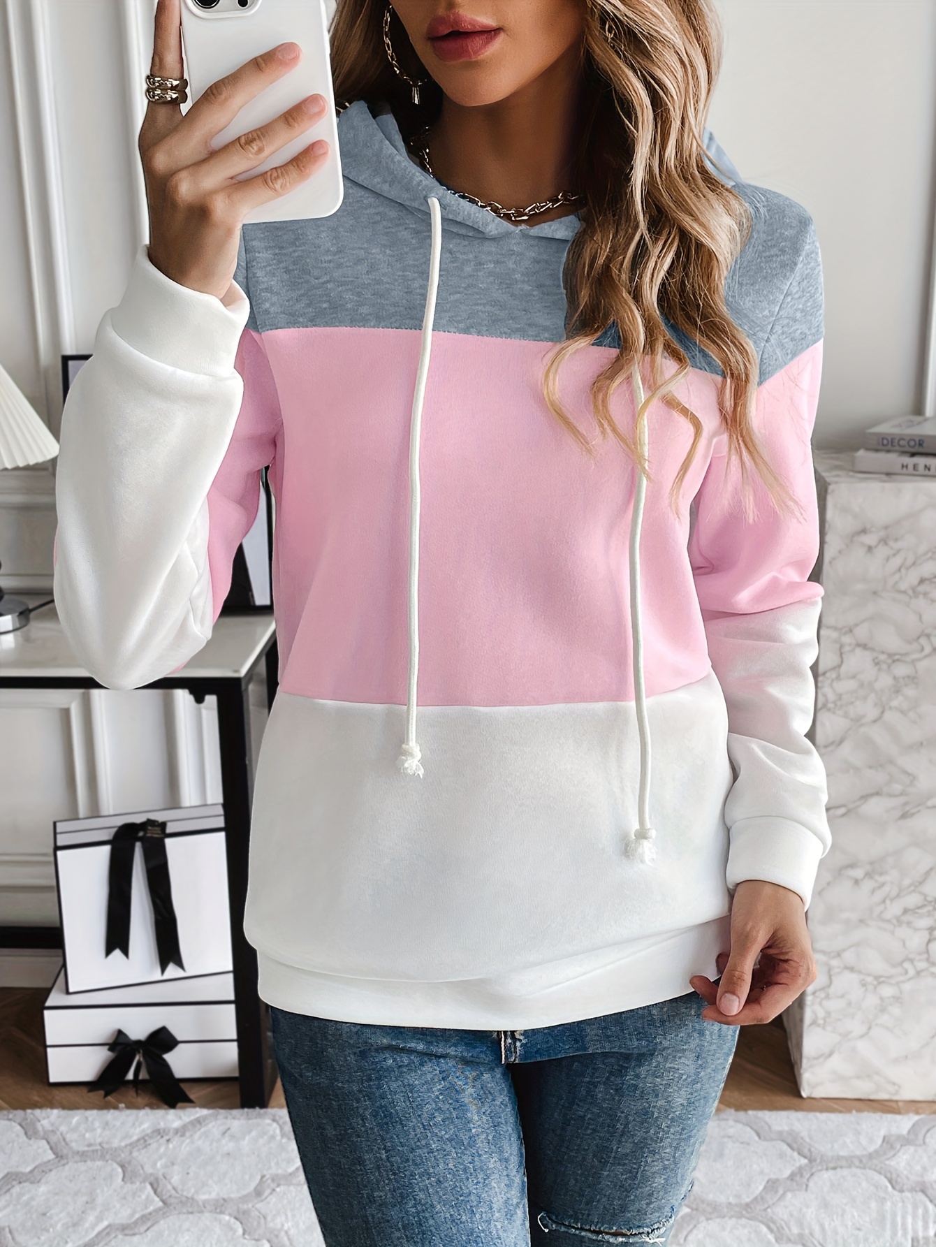 drawstring color block hoodies casual drawstring long sleeve sweatshirt womens clothing details 0