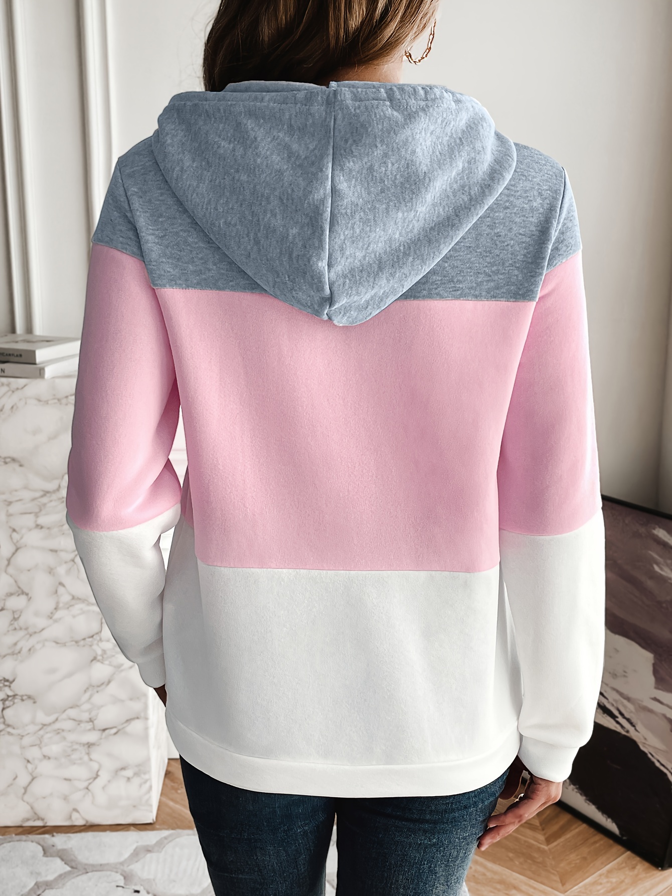 drawstring color block hoodies casual drawstring long sleeve sweatshirt womens clothing details 2