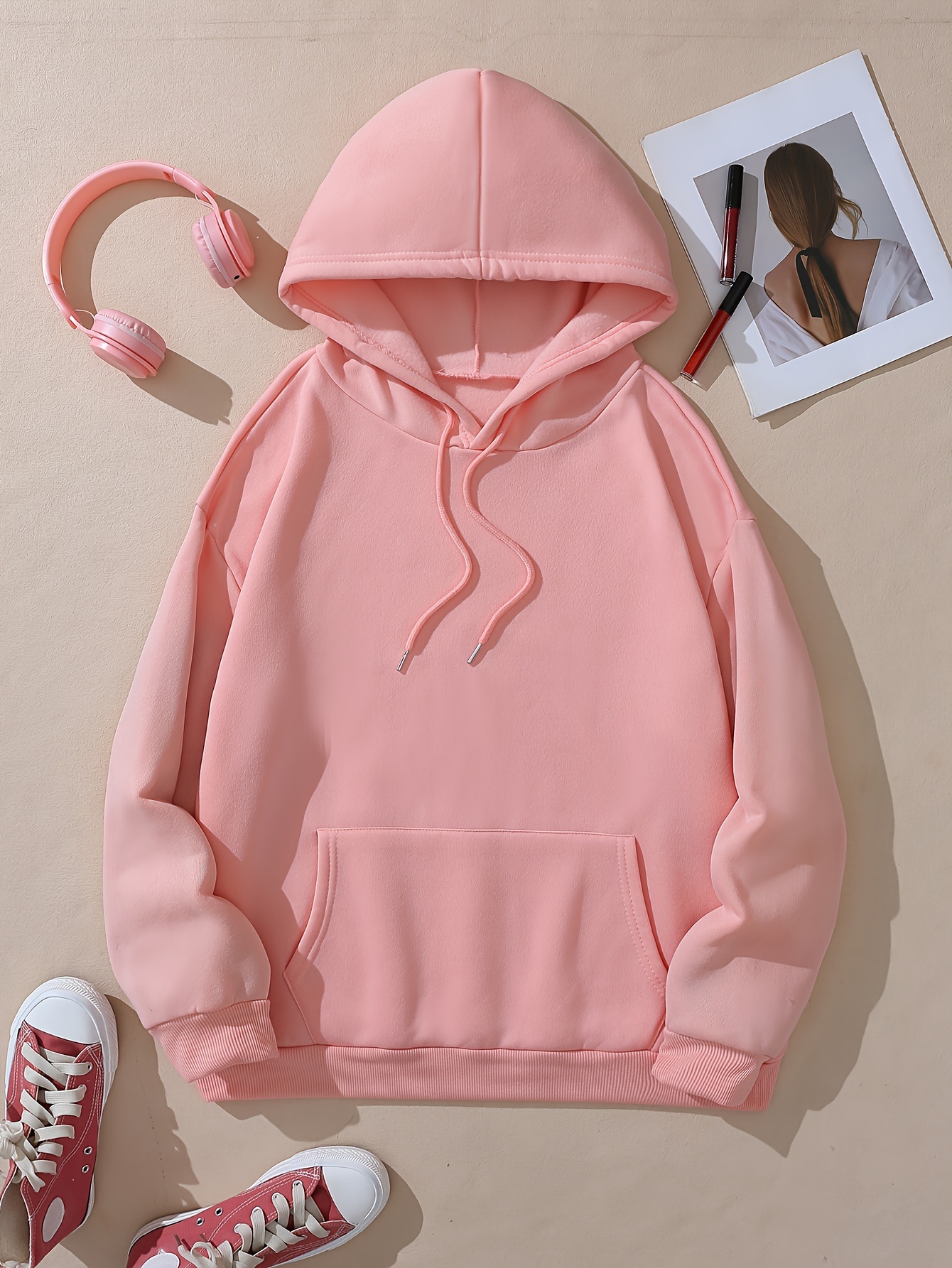 drawstring thermal hoodies long sleeve solid casual sweatshirt womens clothing details 0