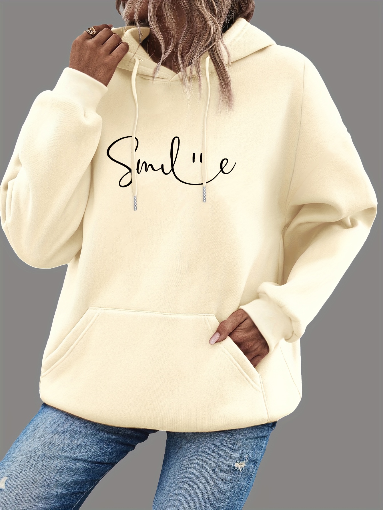 smile print kangaroo pocket hoodie casual long sleeve drawstring hoodie sweatshirt womens clothing details 0