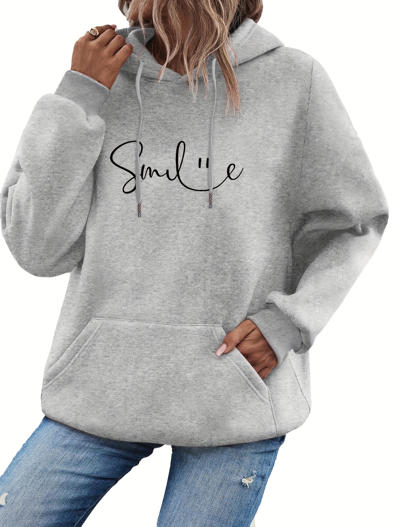 smile print kangaroo pocket hoodie casual long sleeve drawstring hoodie sweatshirt womens clothing details 3