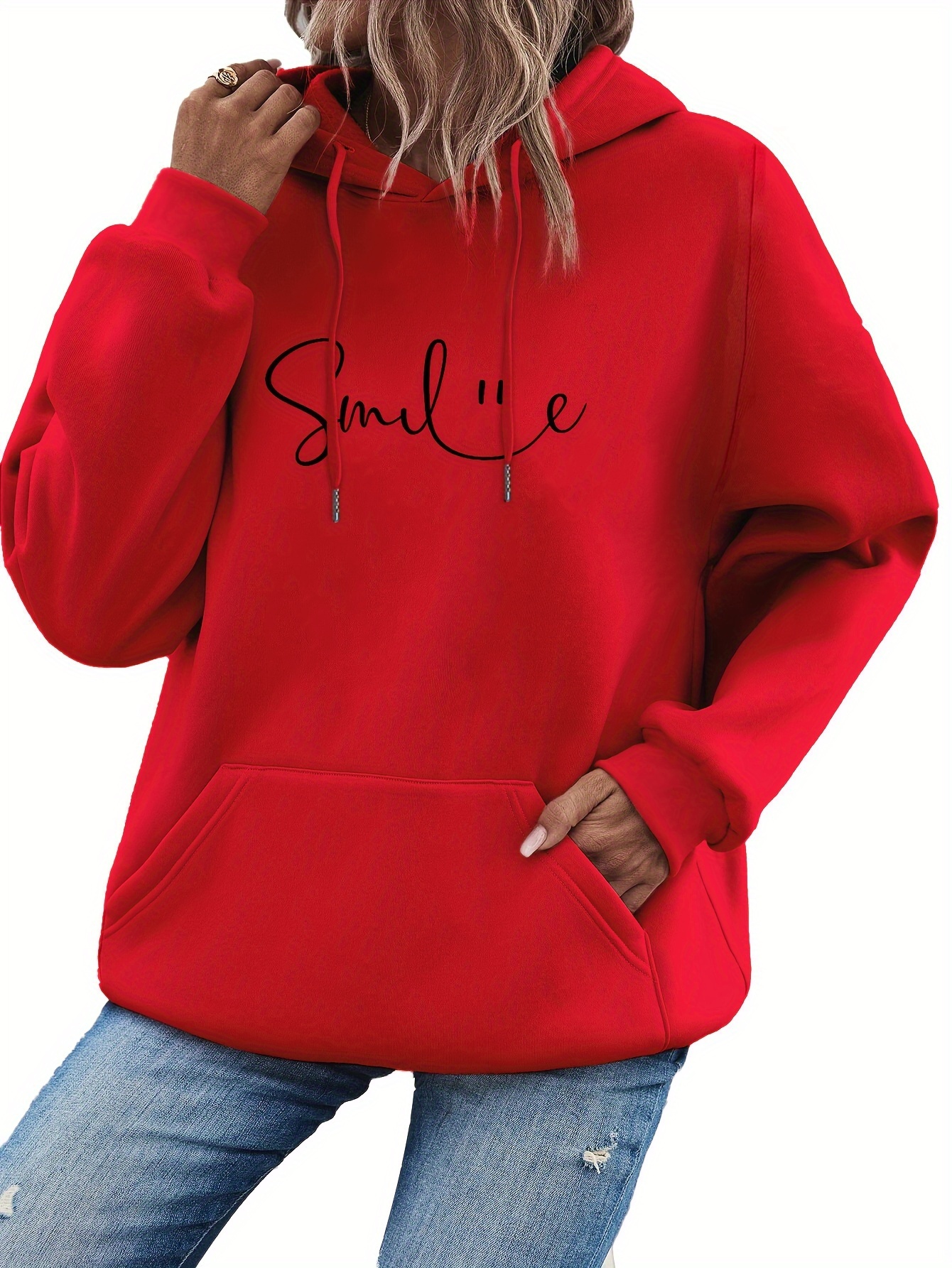 smile print kangaroo pocket hoodie casual long sleeve drawstring hoodie sweatshirt womens clothing details 5