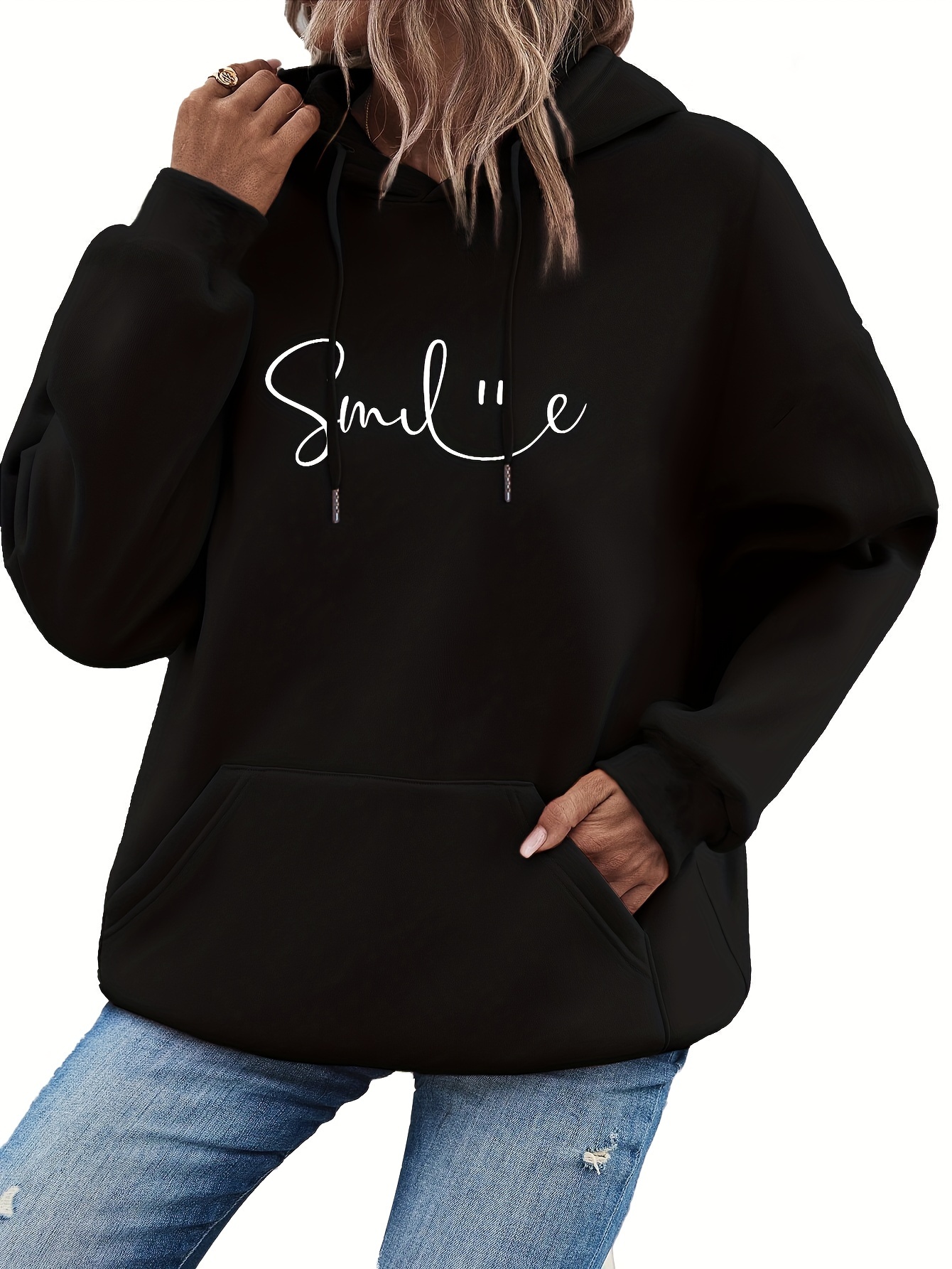 smile print kangaroo pocket hoodie casual long sleeve drawstring hoodie sweatshirt womens clothing details 8