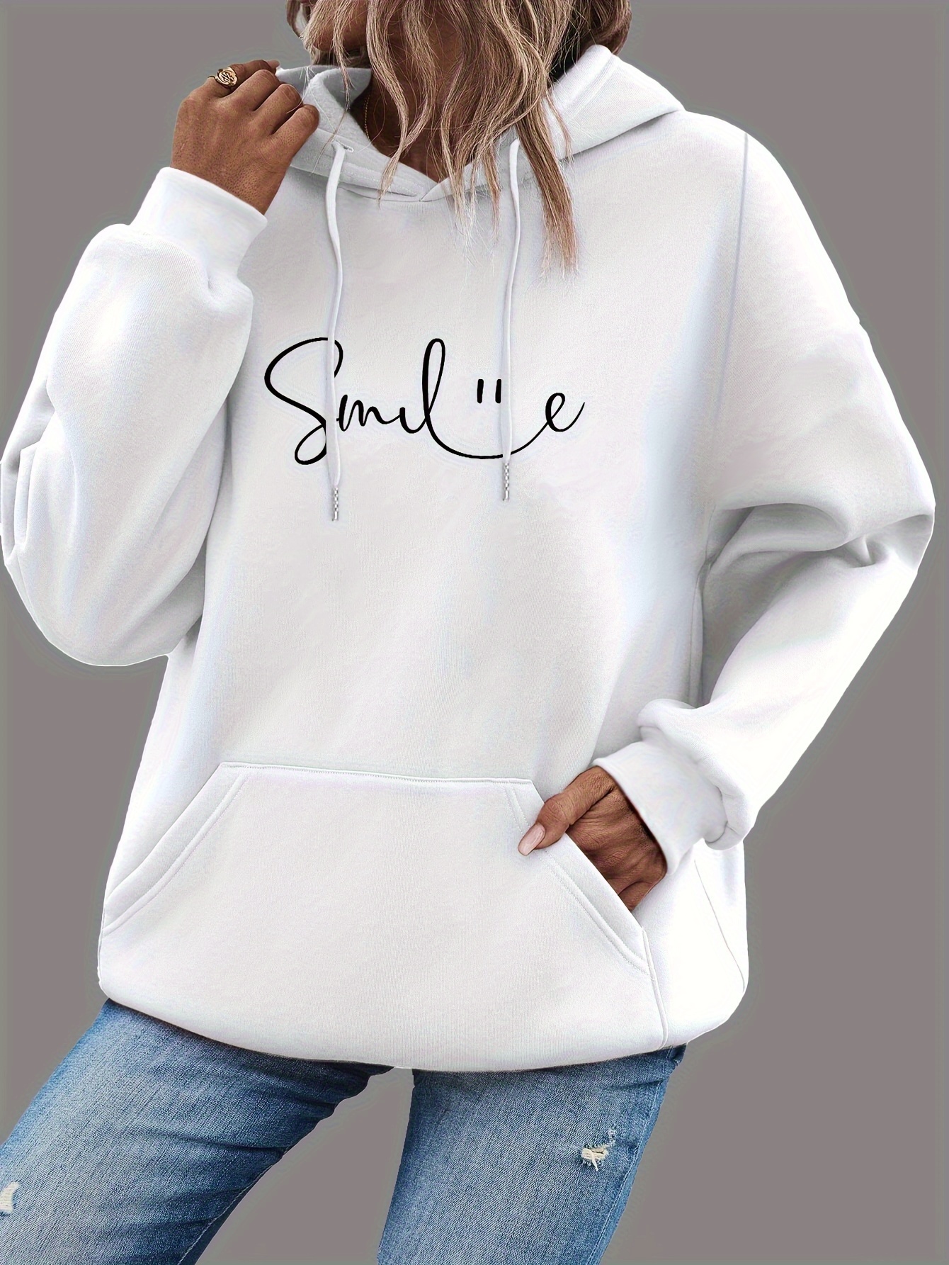 smile print kangaroo pocket hoodie casual long sleeve drawstring hoodie sweatshirt womens clothing details 11