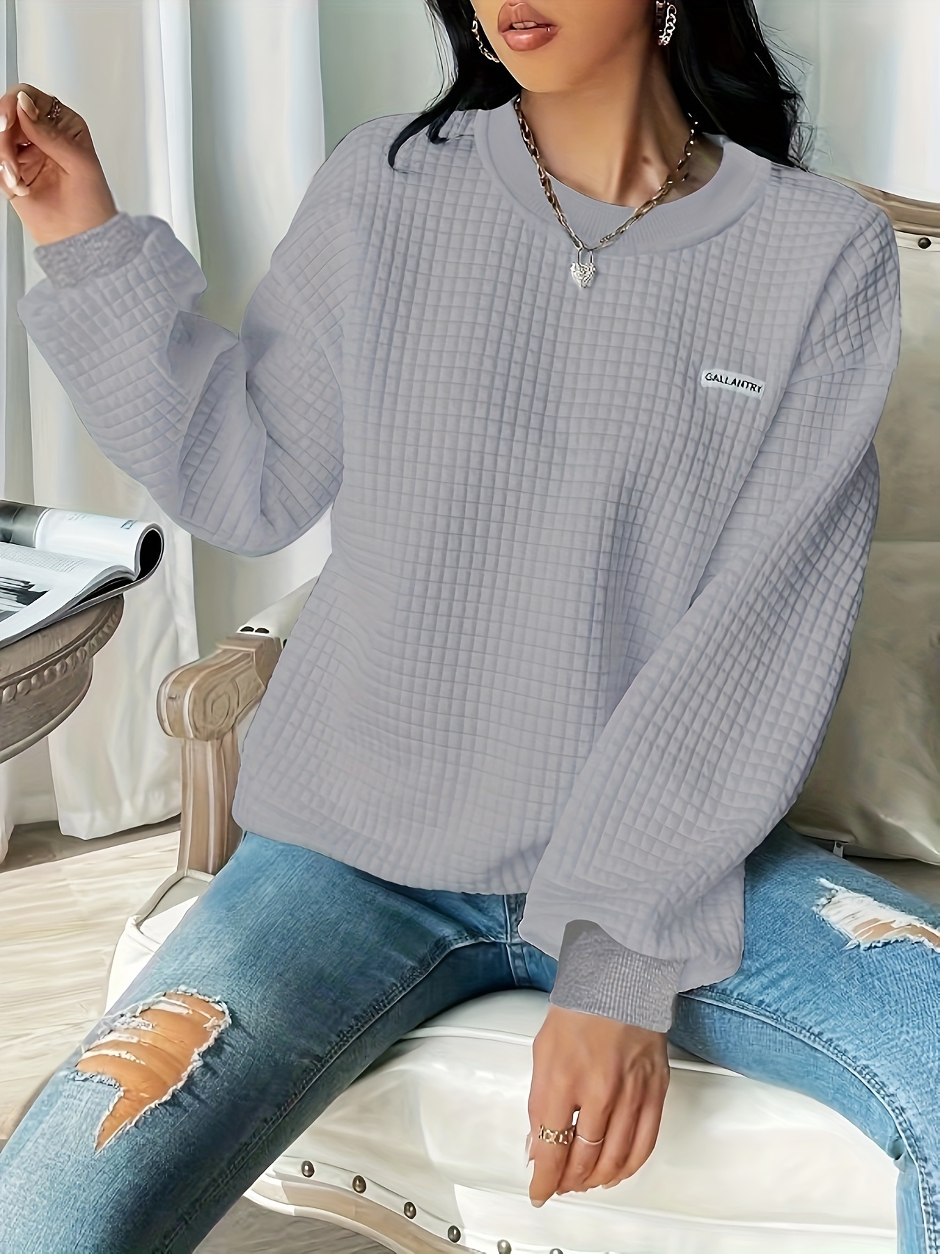 waffle loose sweatshirt casual long sleeve crew neck sweatshirt womens clothing details 3