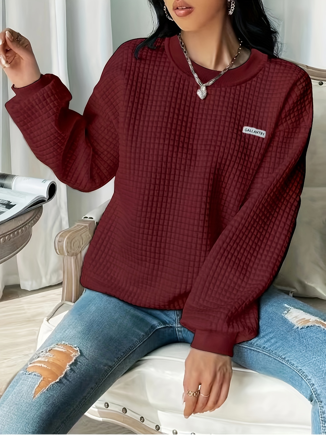 waffle loose sweatshirt casual long sleeve crew neck sweatshirt womens clothing details 9