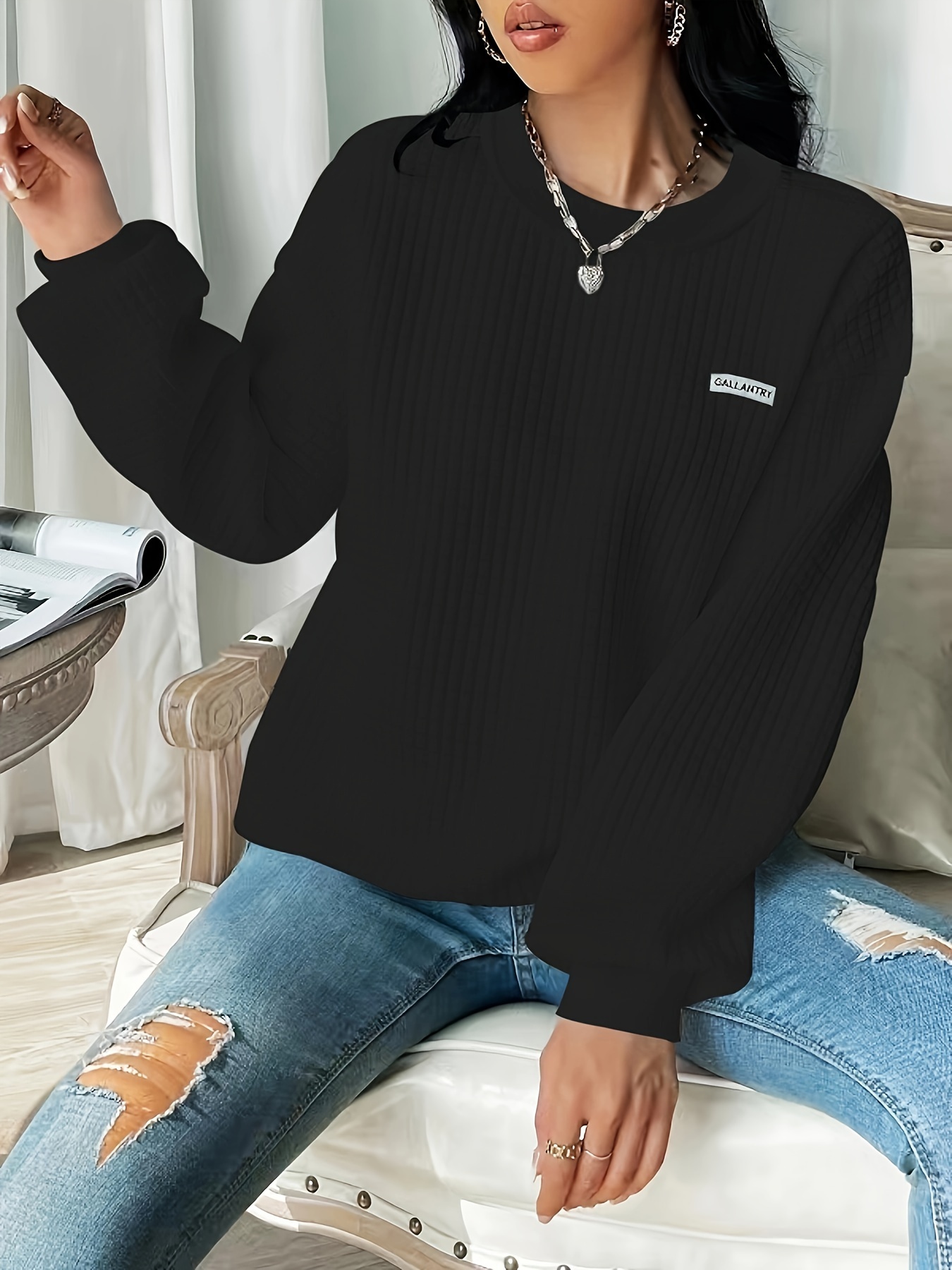 waffle loose sweatshirt casual long sleeve crew neck sweatshirt womens clothing details 27