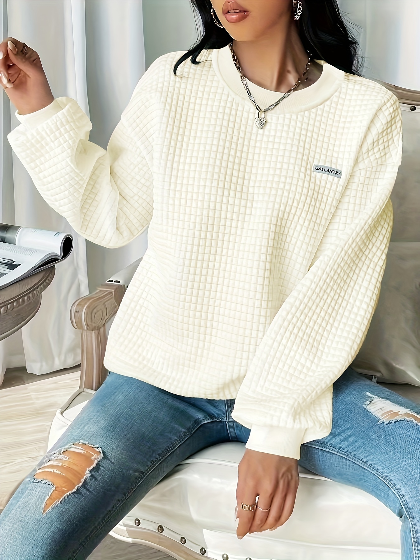 waffle loose sweatshirt casual long sleeve crew neck sweatshirt womens clothing details 34