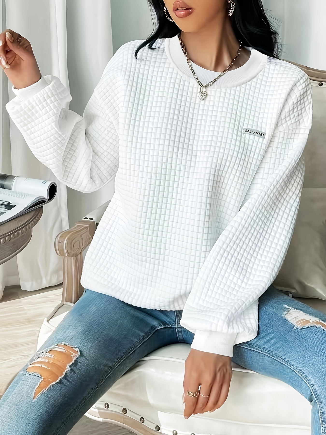 waffle loose sweatshirt casual long sleeve crew neck sweatshirt womens clothing details 40