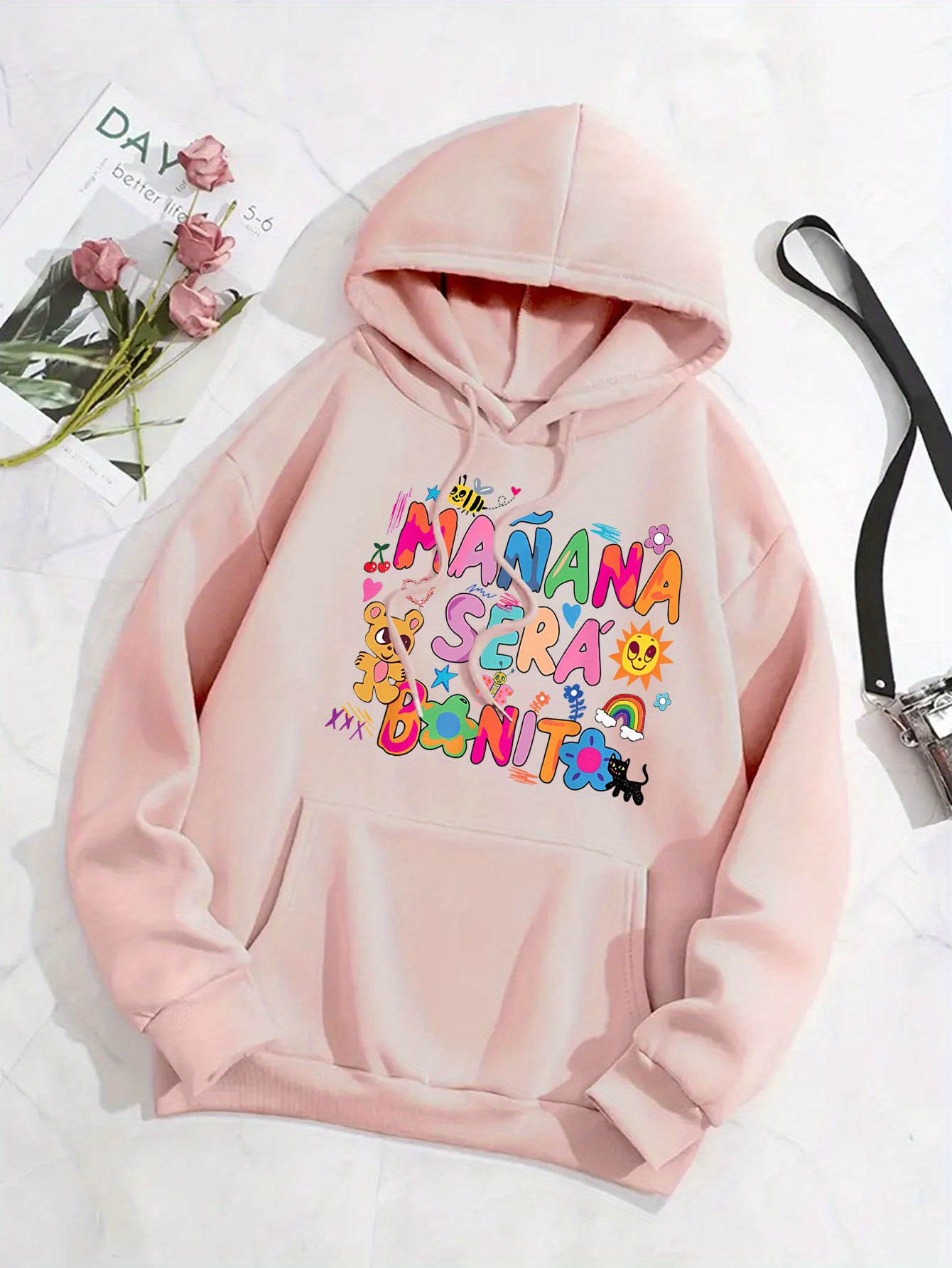 letter print hoodie casual drawstring hooded sweatshirt for winter fall womens clothing details 5