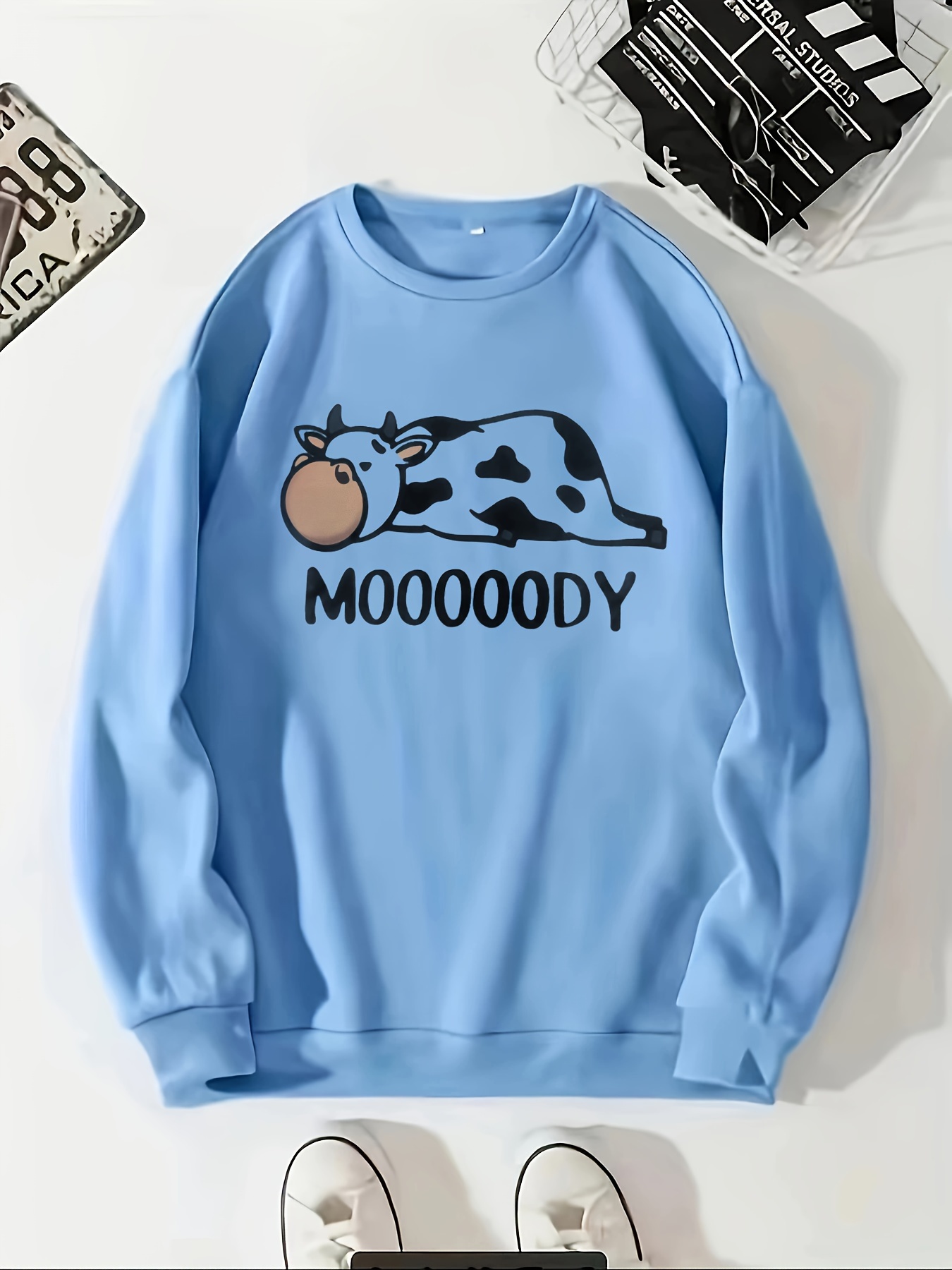 cow letter print pullover sweatshirt casual long sleeve crew neck sweatshirt for fall winter womens clothing details 0