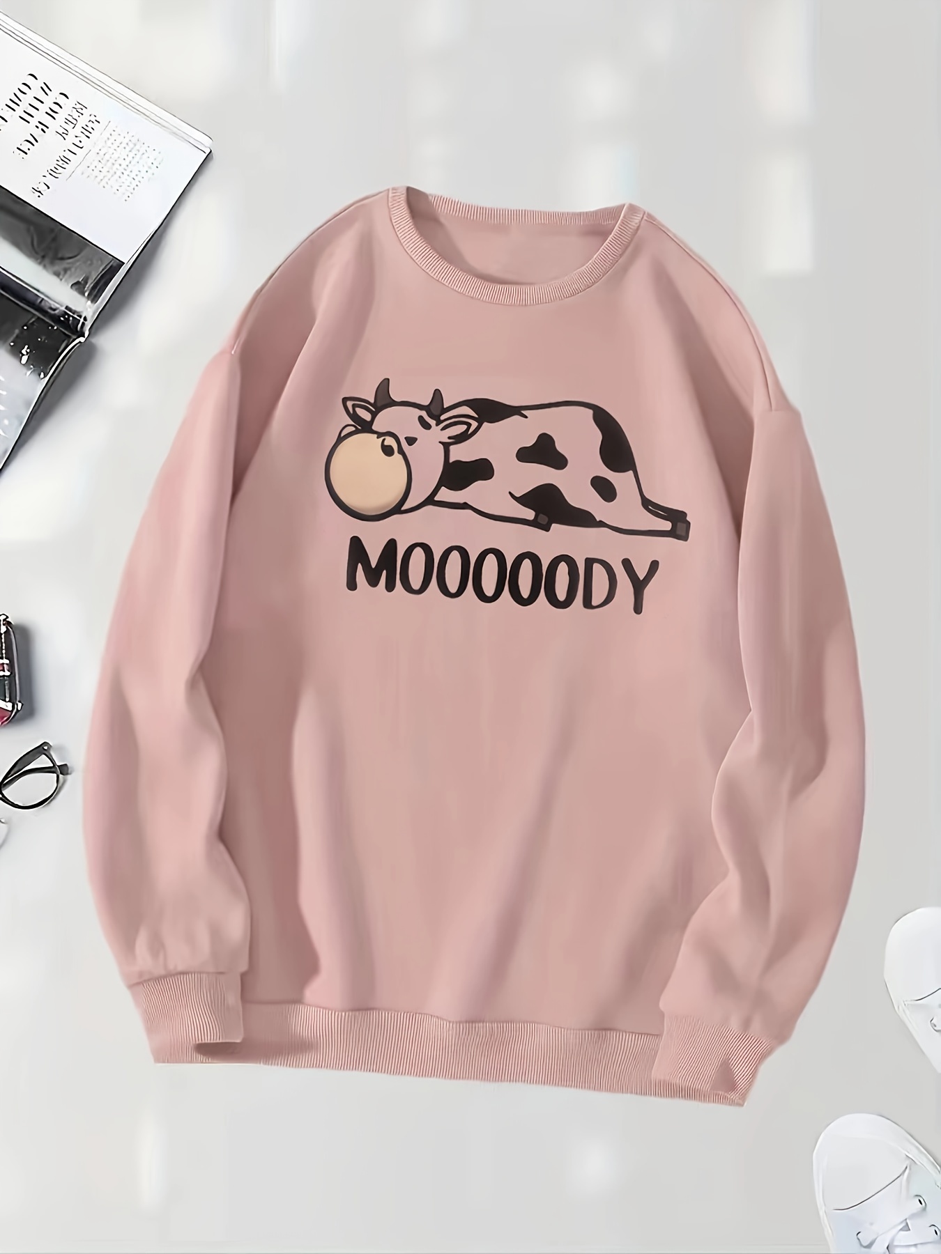 cow letter print pullover sweatshirt casual long sleeve crew neck sweatshirt for fall winter womens clothing details 4