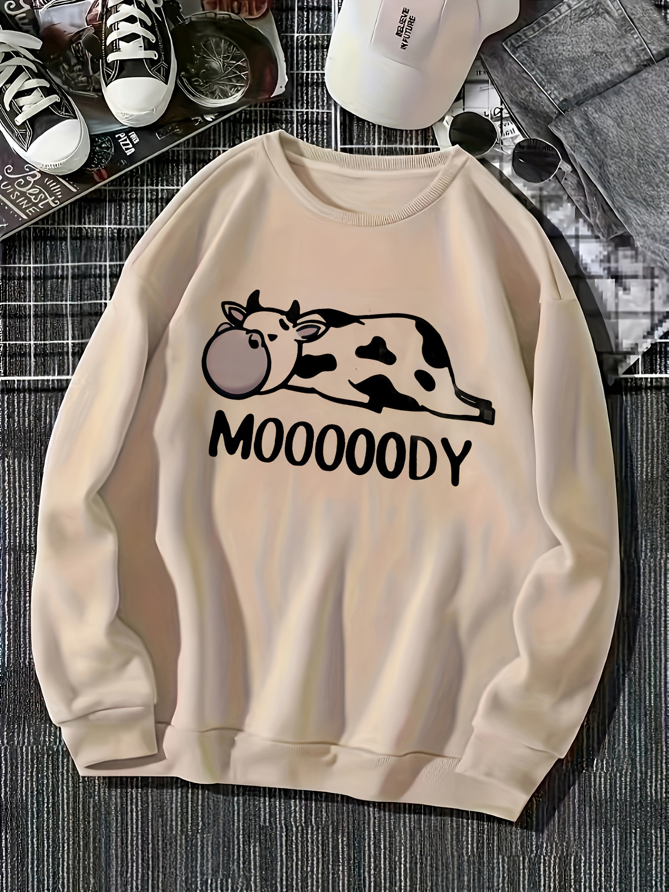 cow letter print pullover sweatshirt casual long sleeve crew neck sweatshirt for fall winter womens clothing details 7