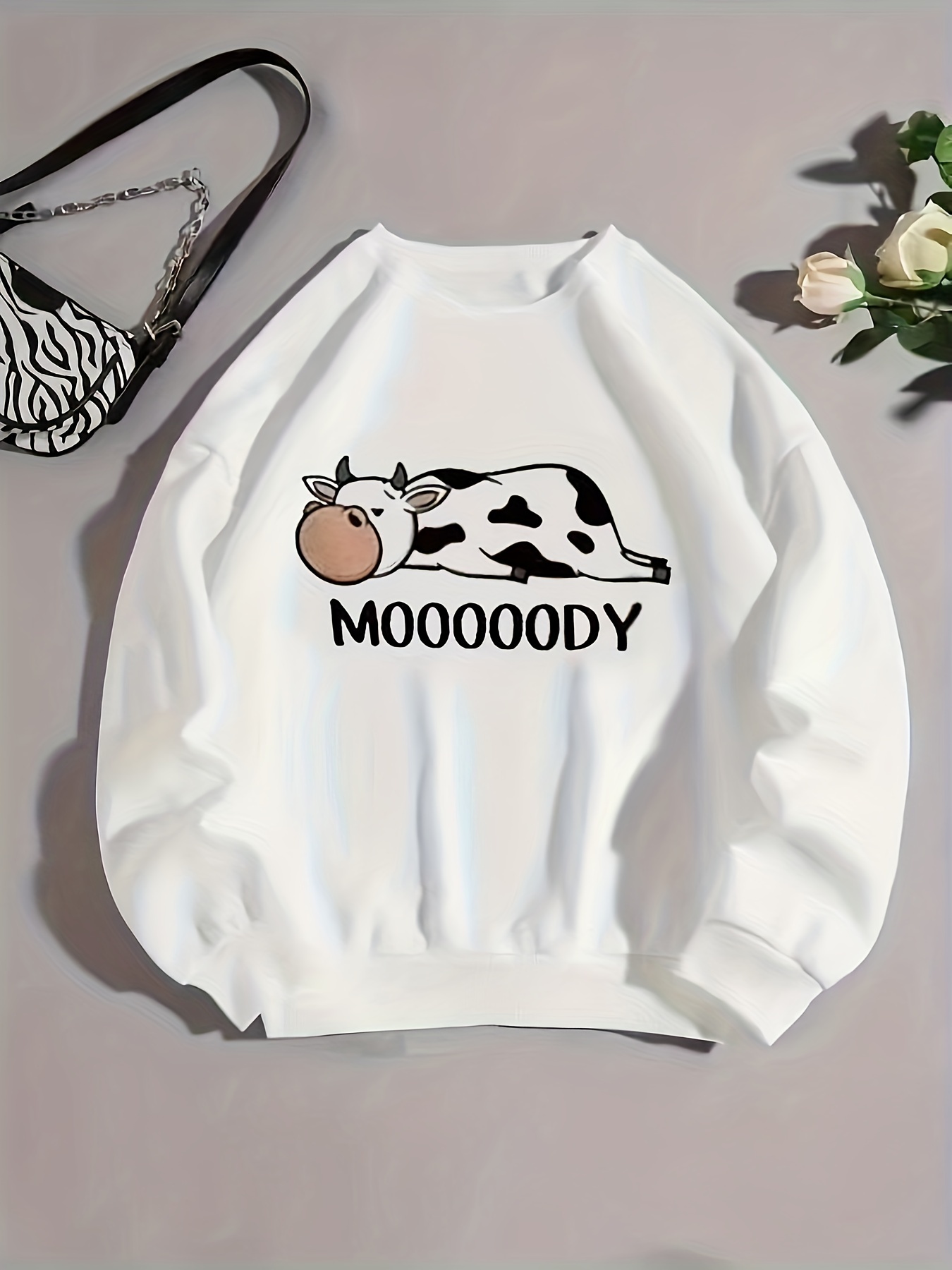 cow letter print pullover sweatshirt casual long sleeve crew neck sweatshirt for fall winter womens clothing details 11