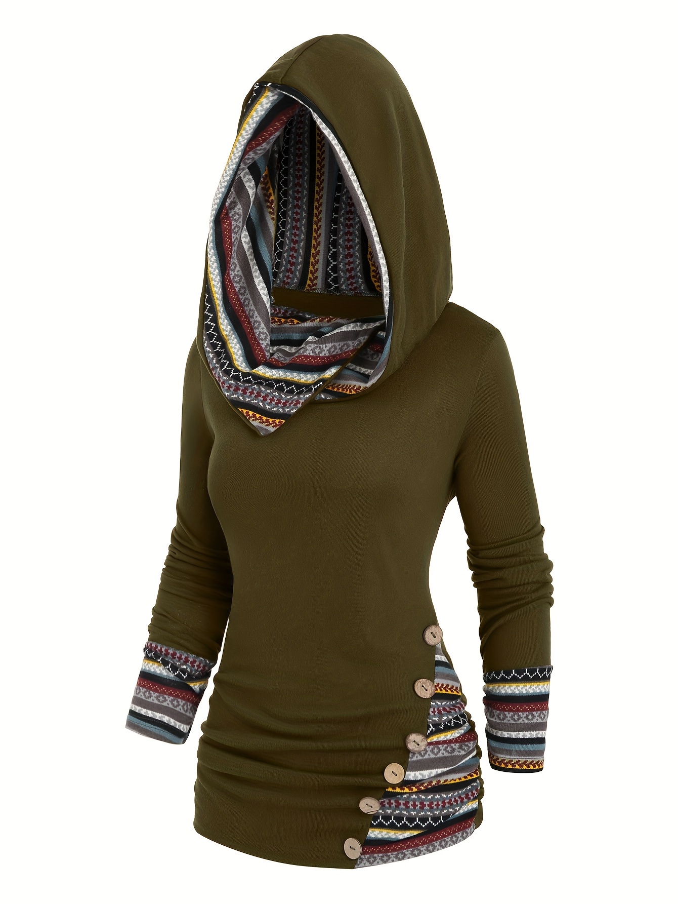 button decor ethnic print hoodie casual long sleeve hooded top womens clothing details 0