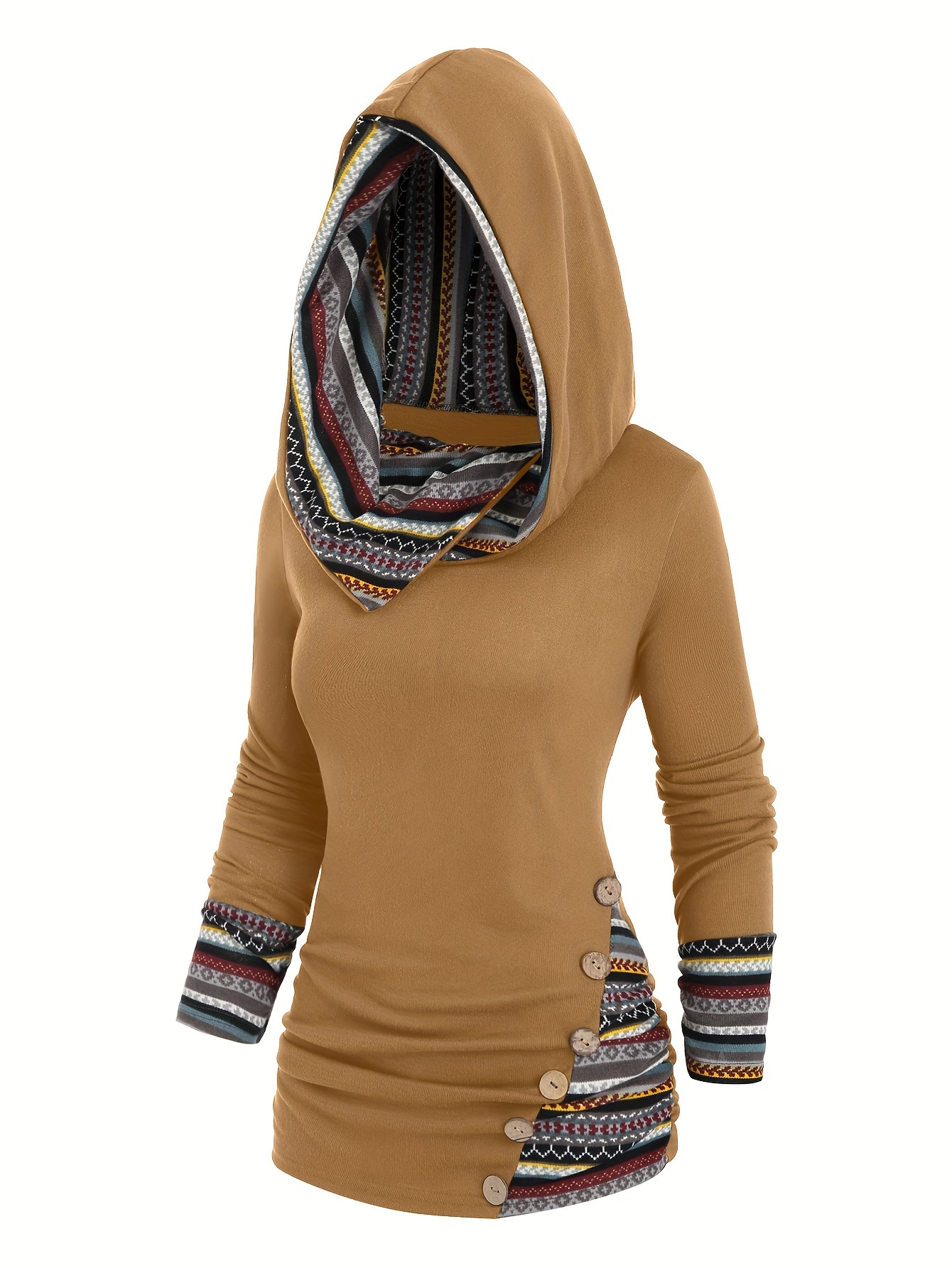 button decor ethnic print hoodie casual long sleeve hooded top womens clothing details 5