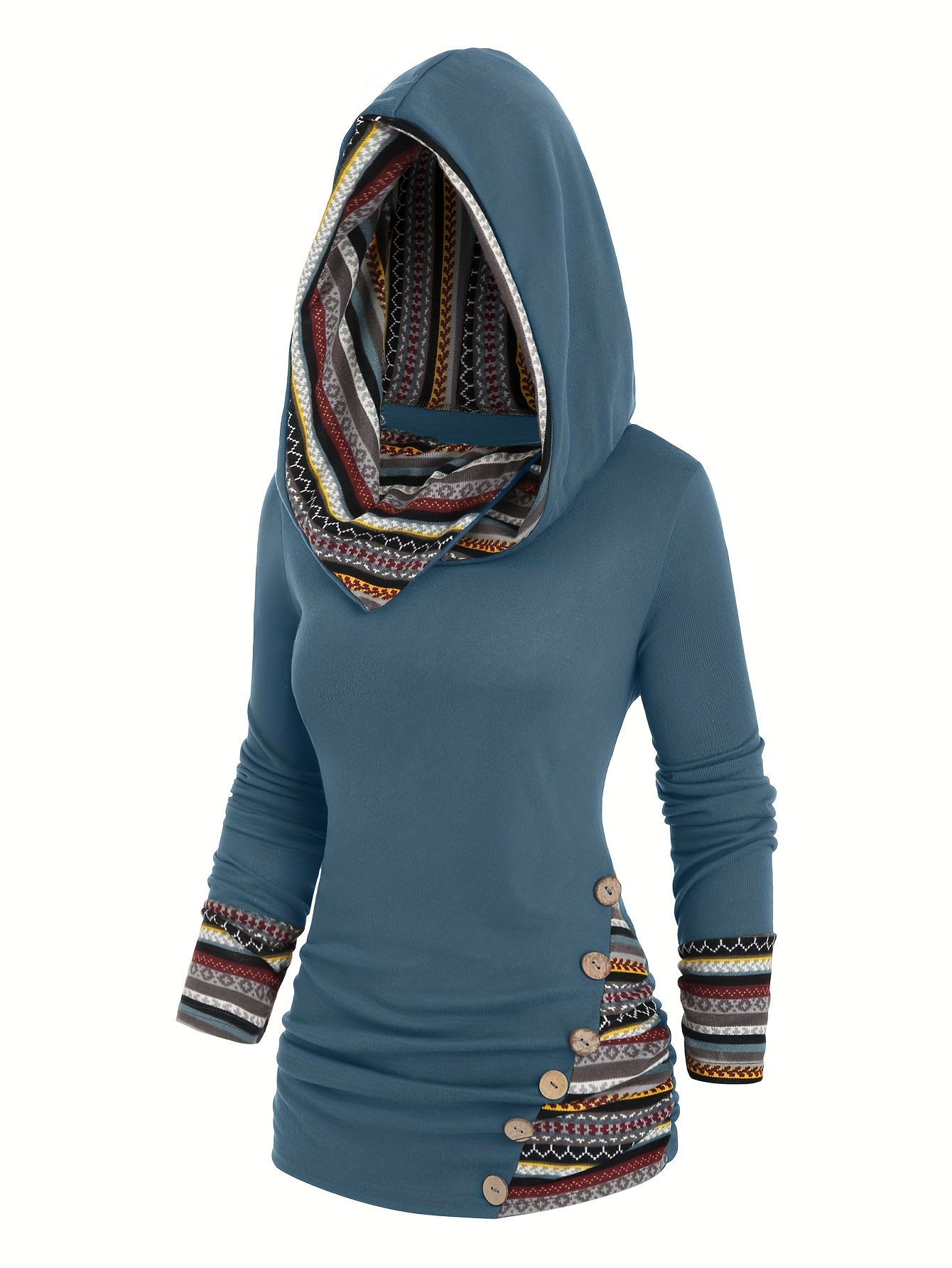 button decor ethnic print hoodie casual long sleeve hooded top womens clothing details 10