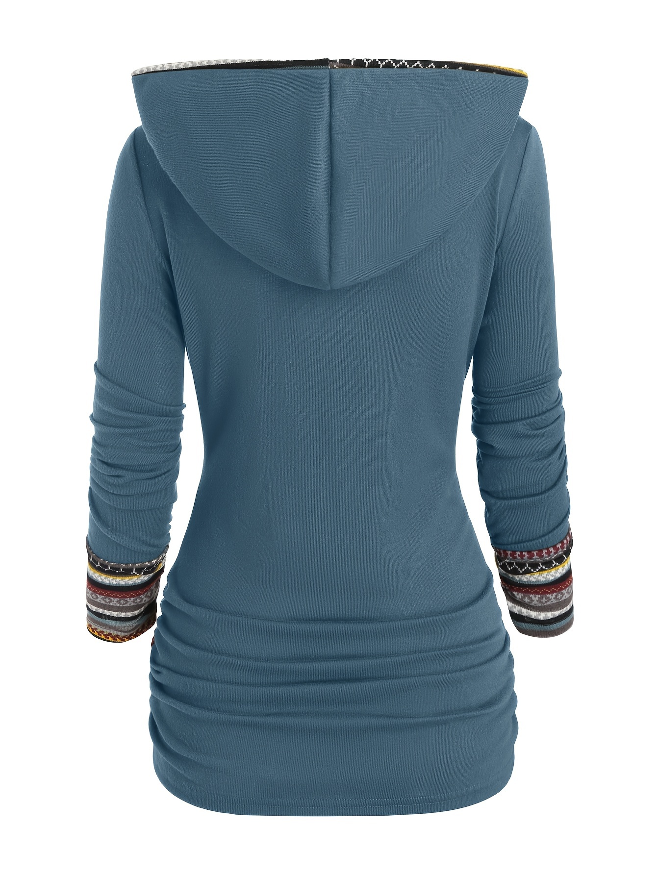 button decor ethnic print hoodie casual long sleeve hooded top womens clothing details 11