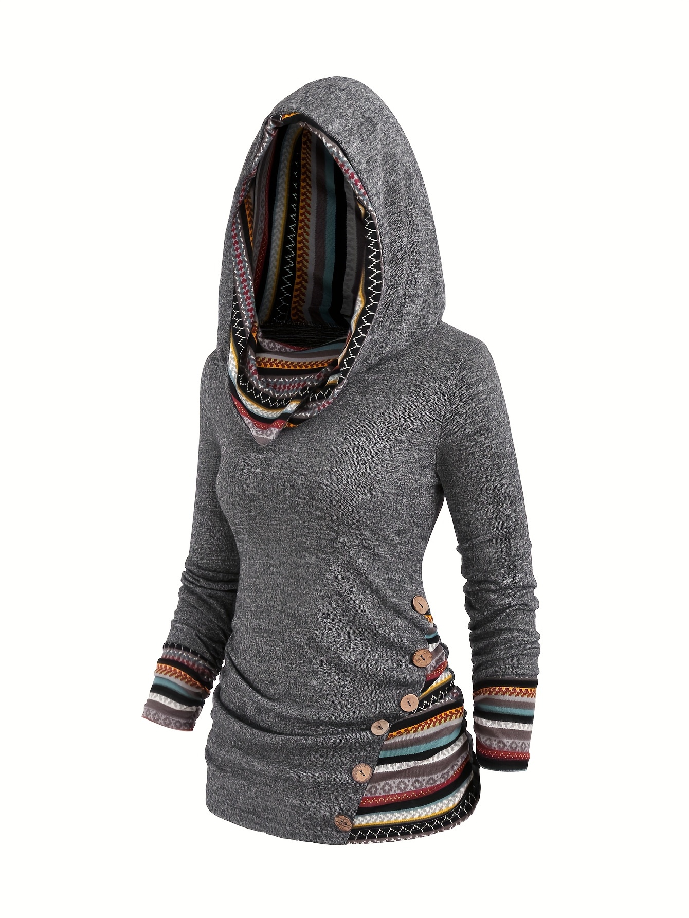 button decor ethnic print hoodie casual long sleeve hooded top womens clothing details 15