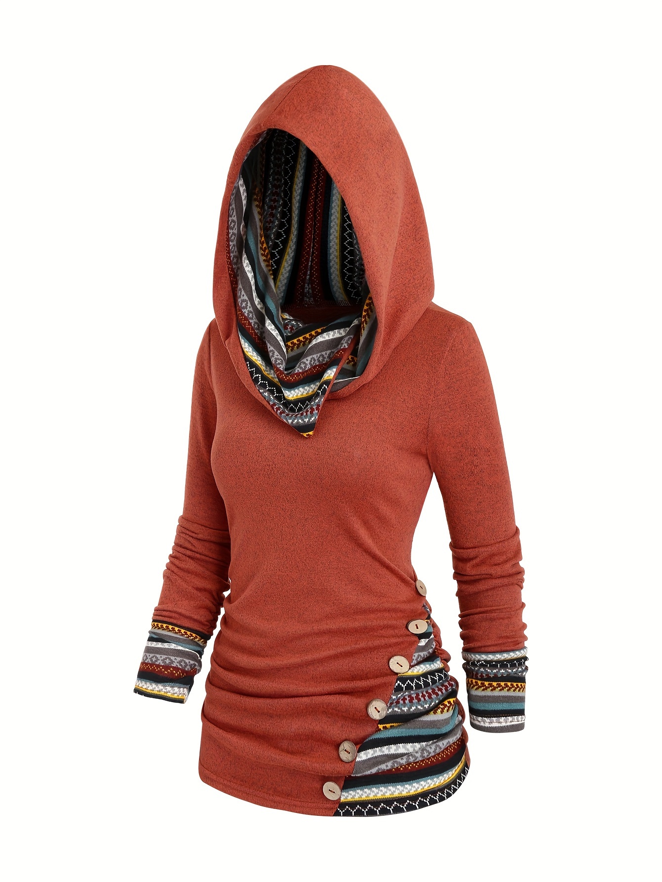 button decor ethnic print hoodie casual long sleeve hooded top womens clothing details 20