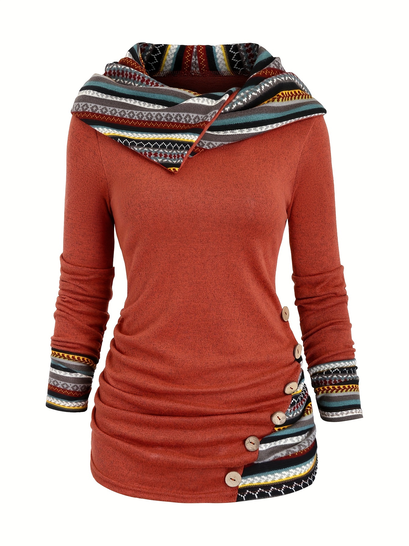 button decor ethnic print hoodie casual long sleeve hooded top womens clothing details 24