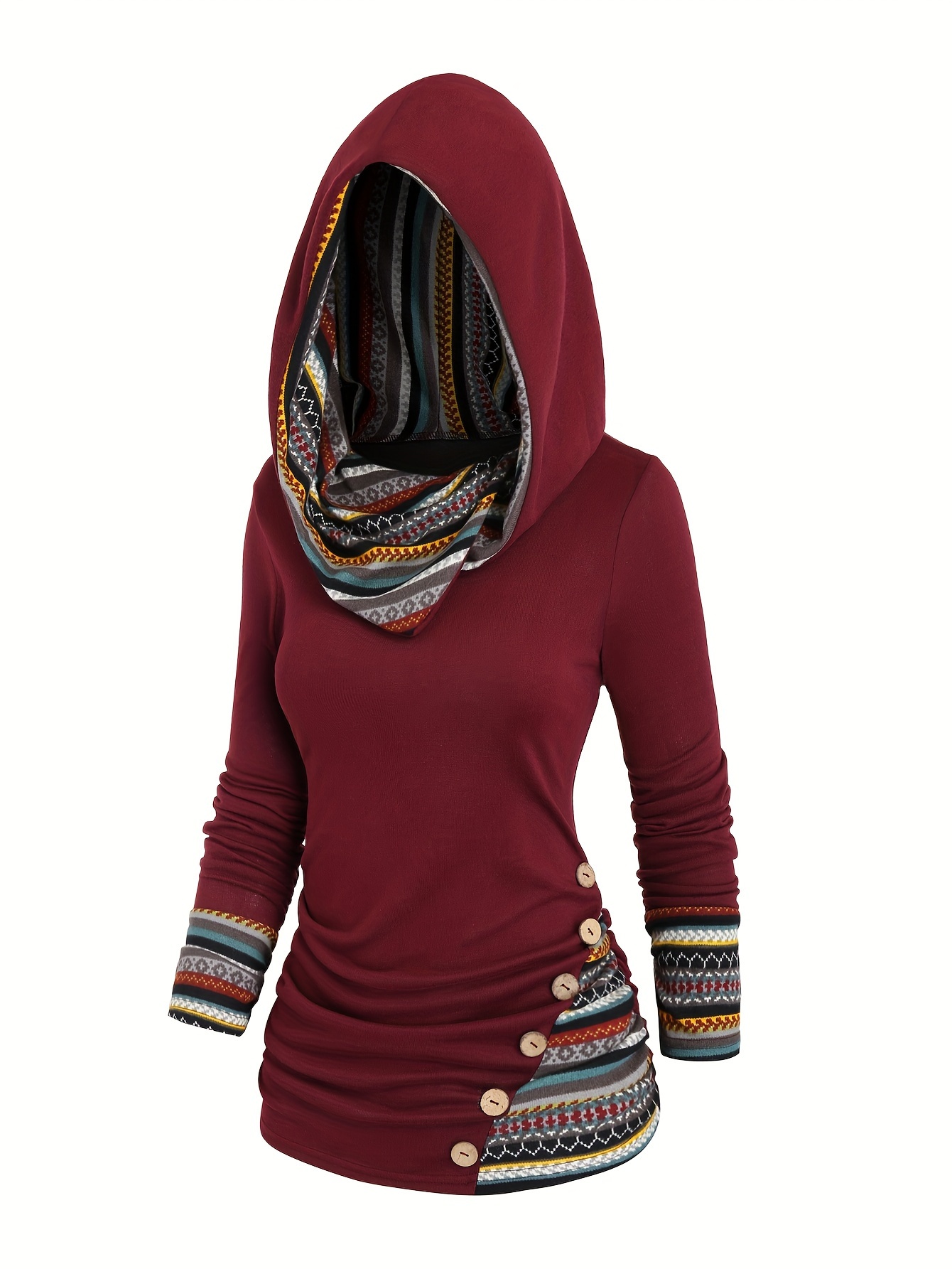 button decor ethnic print hoodie casual long sleeve hooded top womens clothing details 26