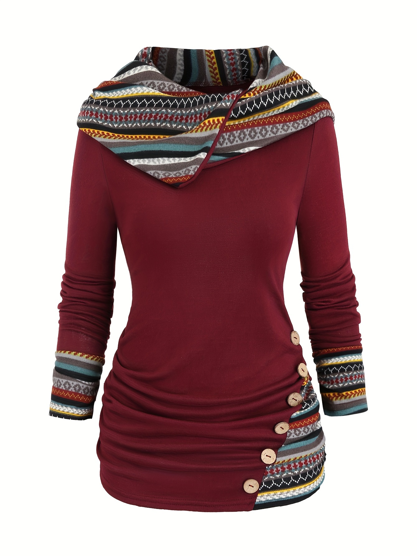 button decor ethnic print hoodie casual long sleeve hooded top womens clothing details 30