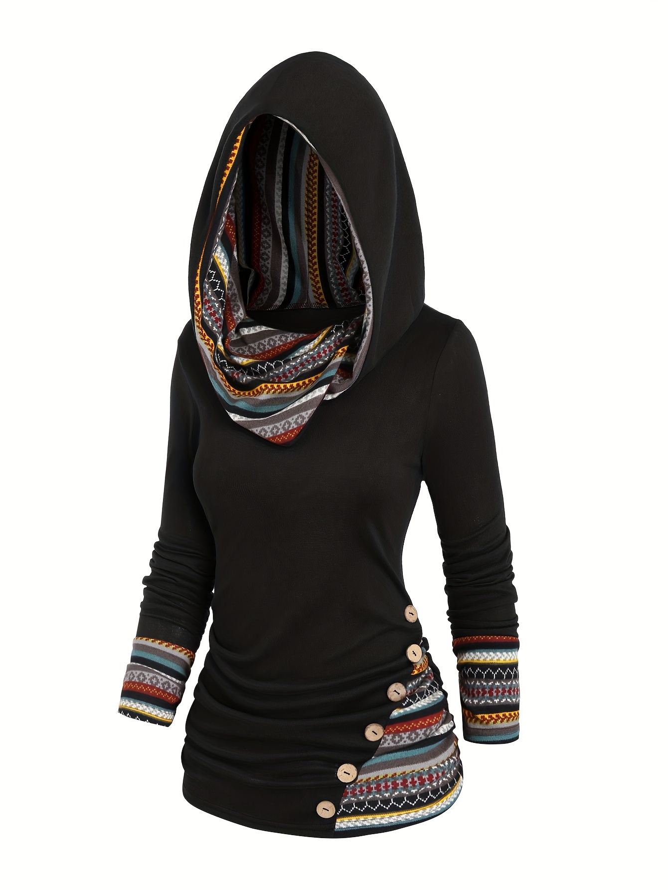 button decor ethnic print hoodie casual long sleeve hooded top womens clothing details 35