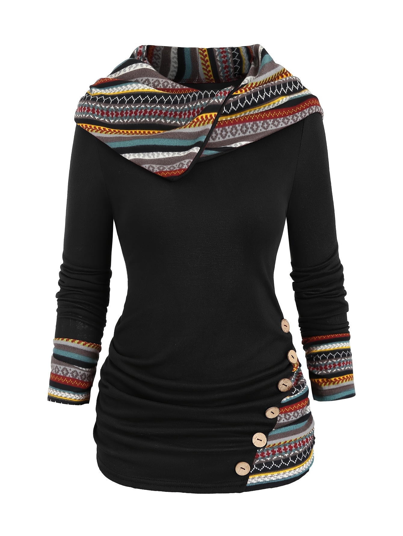 button decor ethnic print hoodie casual long sleeve hooded top womens clothing details 36