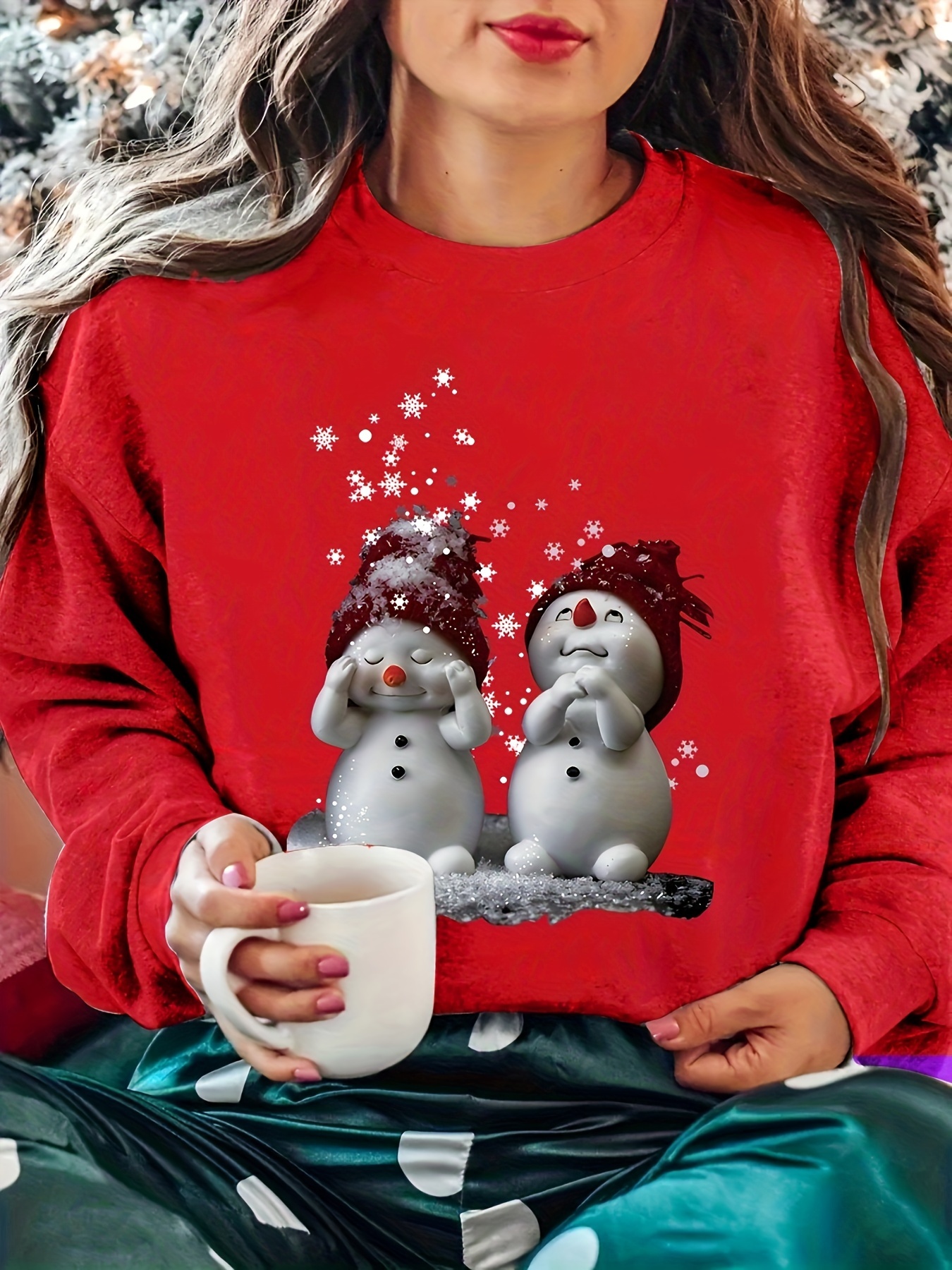 christmas snowman print sweatshirt crew neck casual sweatshirt for spring fall womens clothing details 3