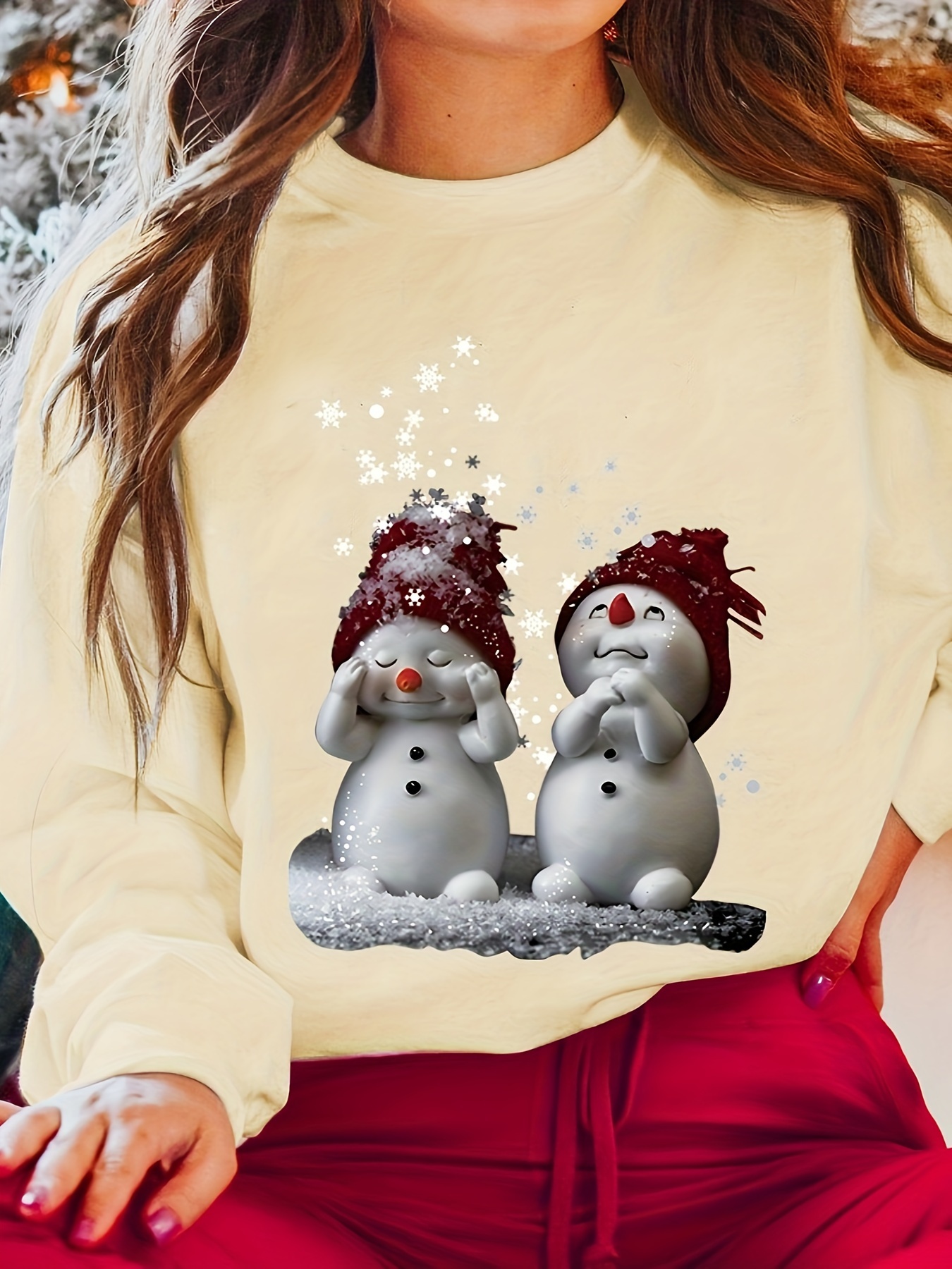 christmas snowman print sweatshirt crew neck casual sweatshirt for spring fall womens clothing details 6