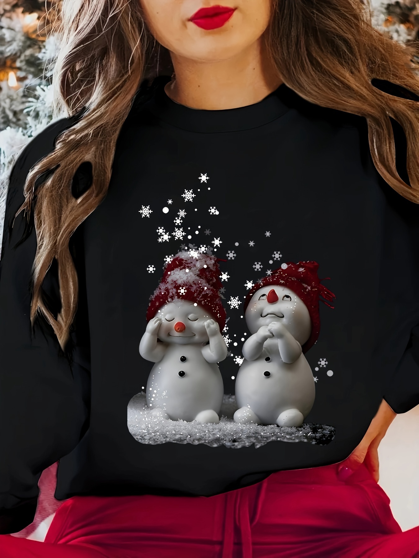 christmas snowman print sweatshirt crew neck casual sweatshirt for spring fall womens clothing details 10