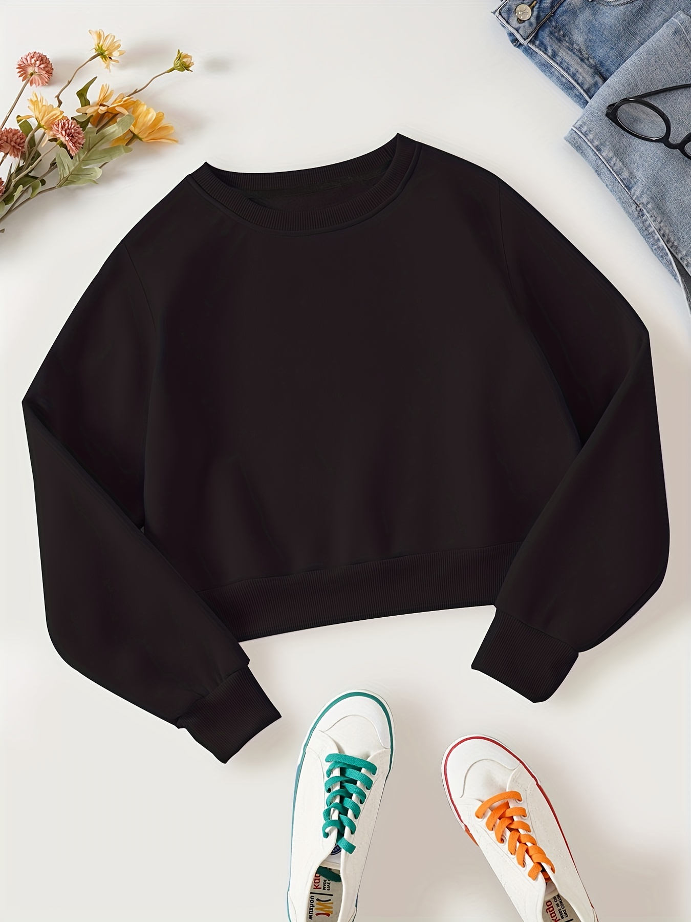 solid crop pullover sweatshirt casual long sleeve crew neck sweatshirt womens clothing details 0