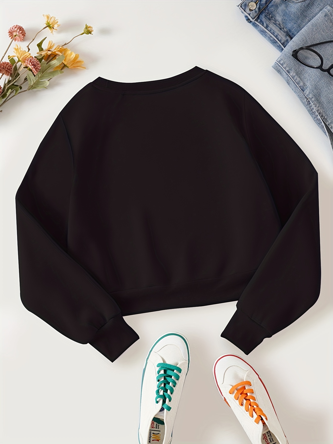 solid crop pullover sweatshirt casual long sleeve crew neck sweatshirt womens clothing details 1