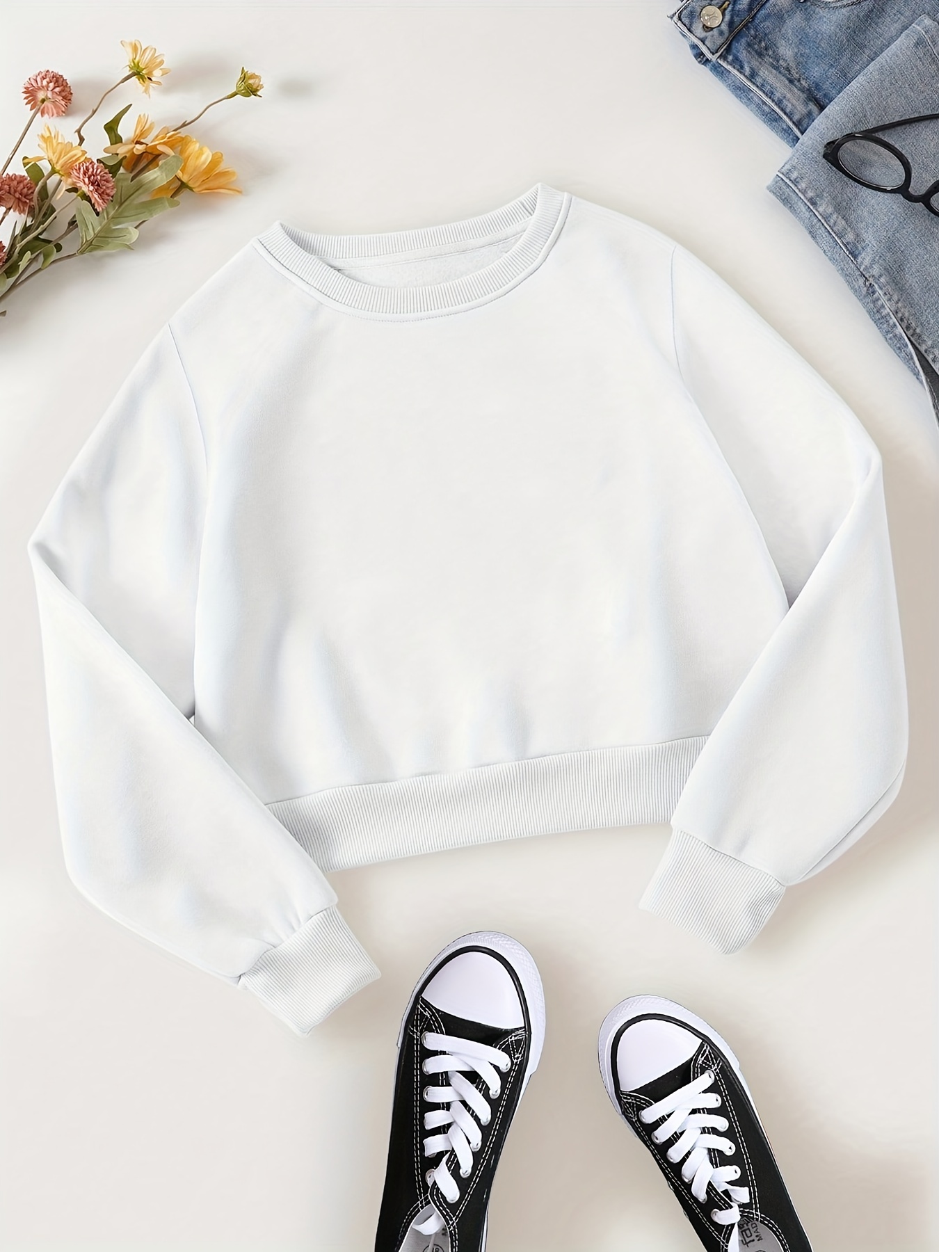 solid crop pullover sweatshirt casual long sleeve crew neck sweatshirt womens clothing details 10